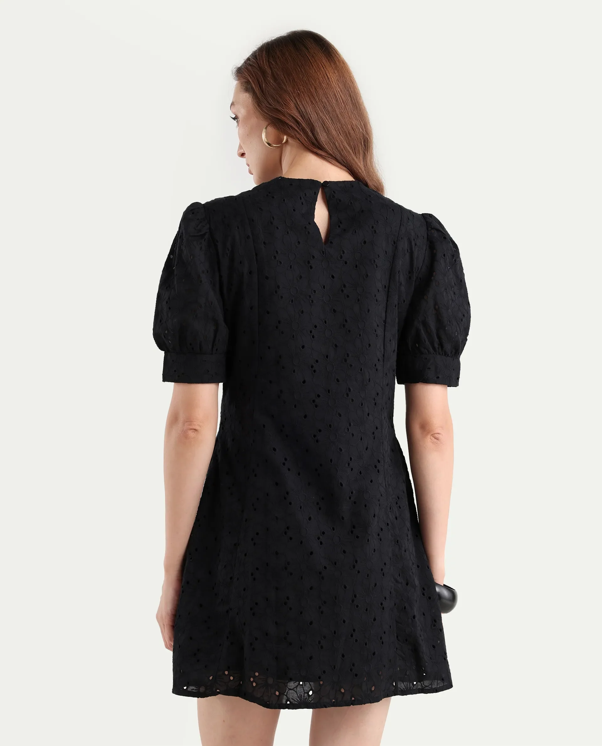 Rareism Women's Phillips Black Cotton Crew Neck Schiffli Puff Sleeves Mini A-Line Dress - Image 7