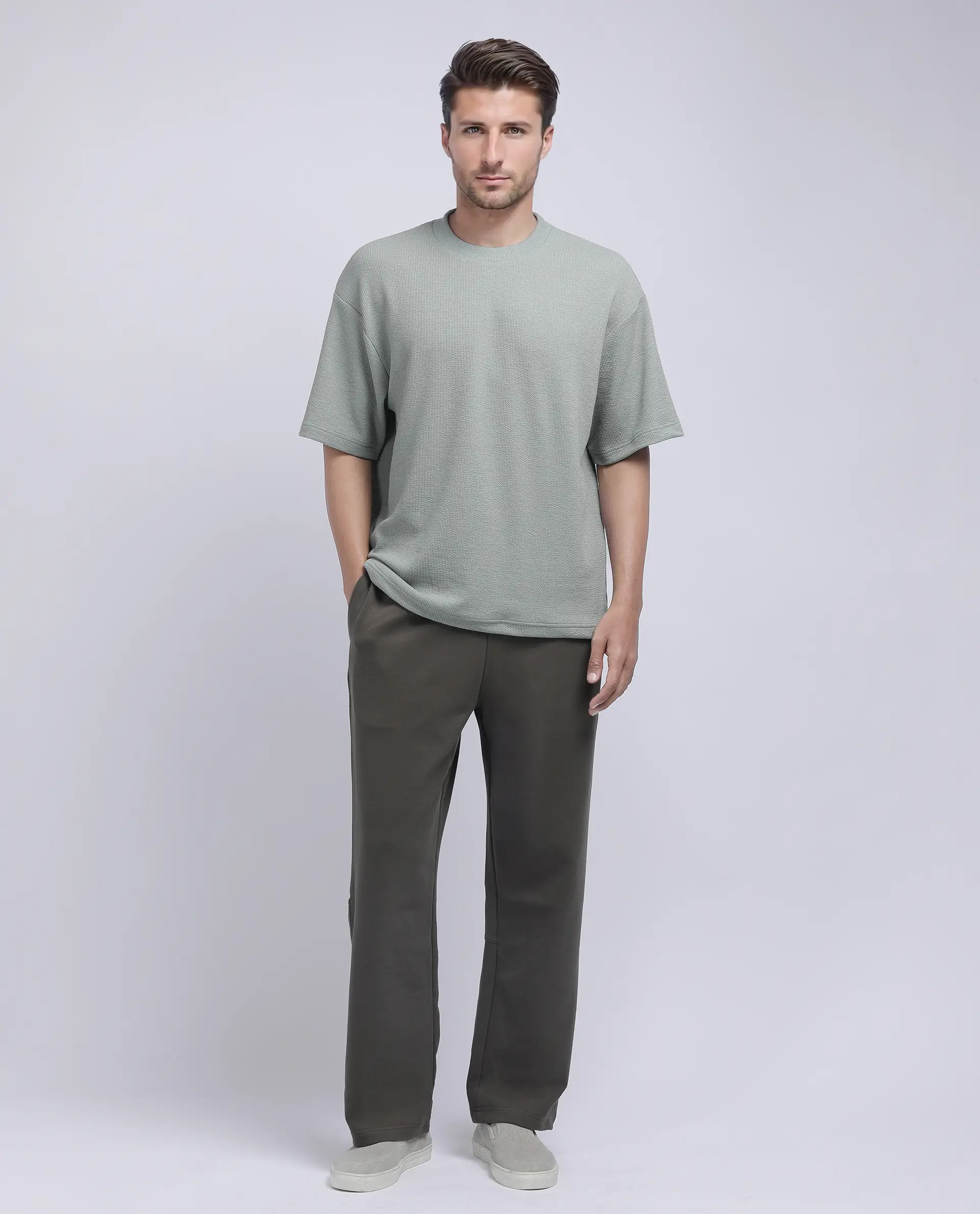 Rare Rabbit Men's Phix Dusky Green Poly Blend Textured Oversized Fit Half Sleeve Crew Neck T-Shirt - Image 2