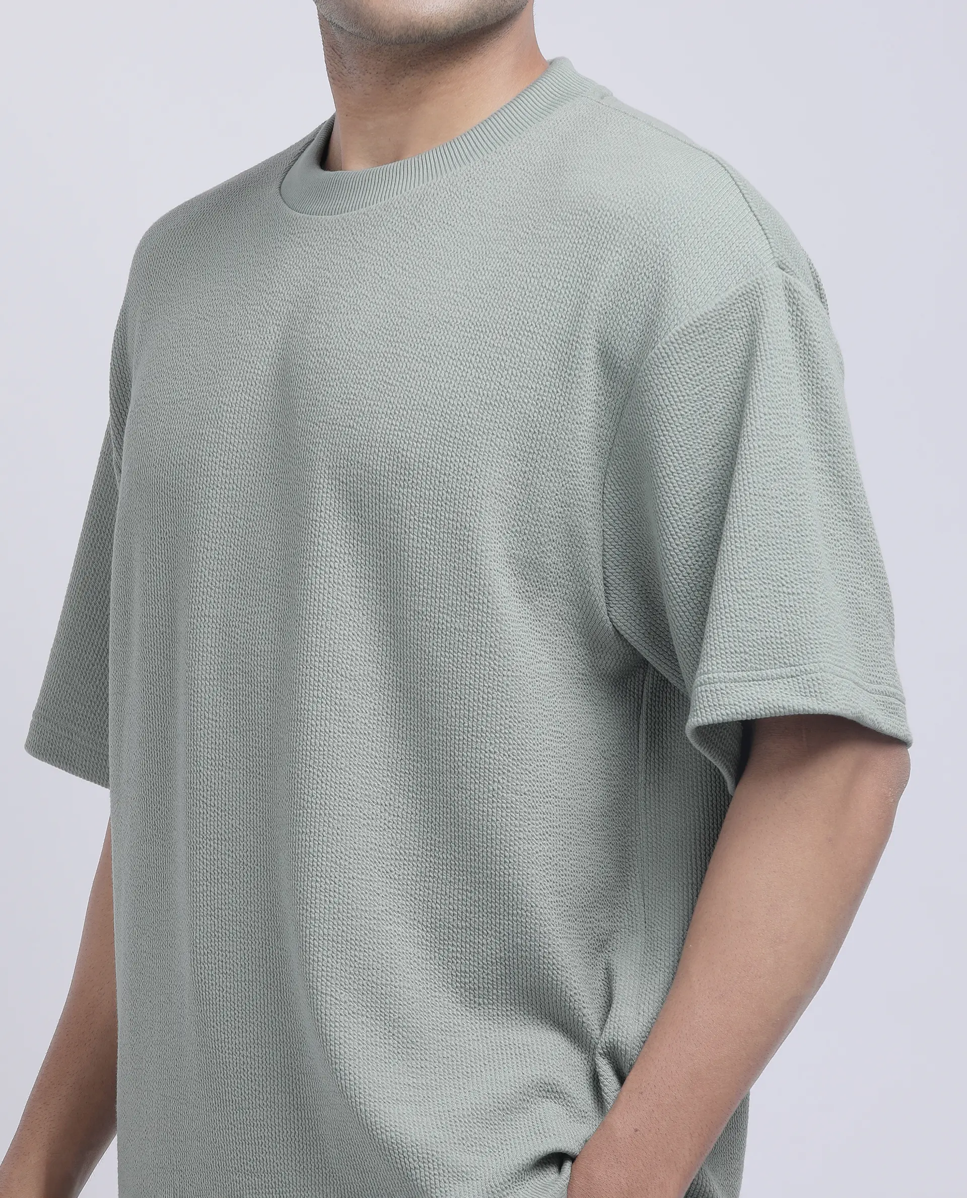 Rare Rabbit Men's Phix Dusky Green Poly Blend Textured Oversized Fit Half Sleeve Crew Neck T-Shirt - Image 3