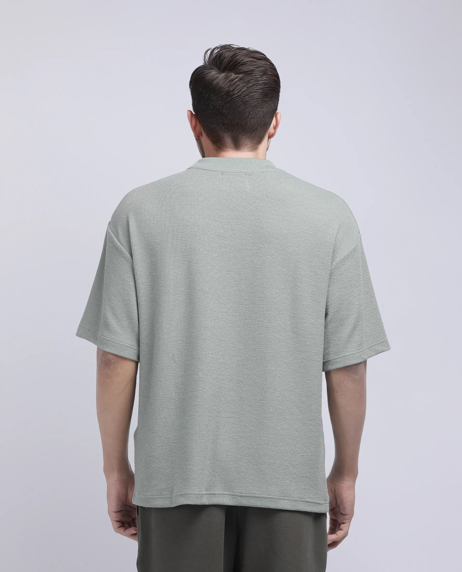 Rare Rabbit Men's Phix Dusky Green Poly Blend Textured Oversized Fit Half Sleeve Crew Neck T-Shirt - Image 4