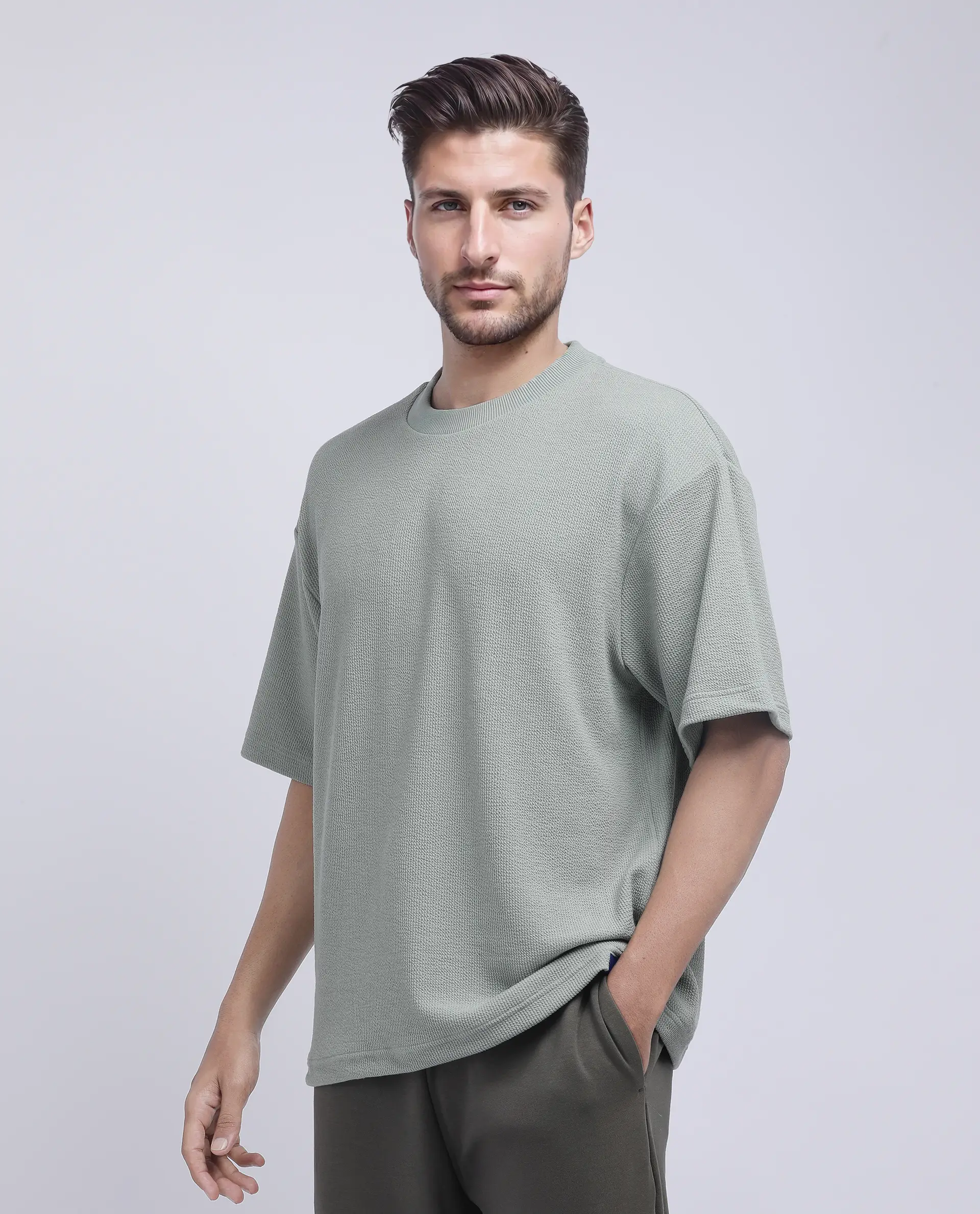 Rare Rabbit Men's Phix Dusky Green Poly Blend Textured Oversized Fit Half Sleeve Crew Neck T-Shirt - Image 5