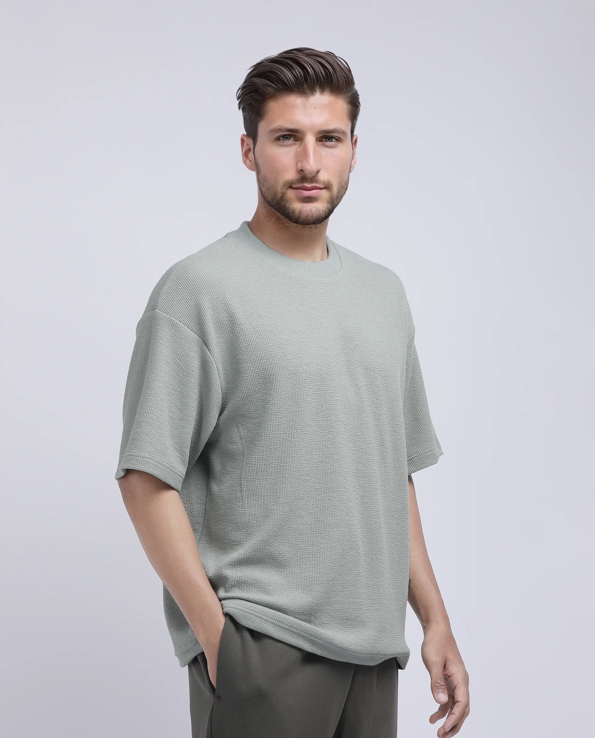 Rare Rabbit Men's Phix Dusky Green Poly Blend Textured Oversized Fit Half Sleeve Crew Neck T-Shirt - Image 6