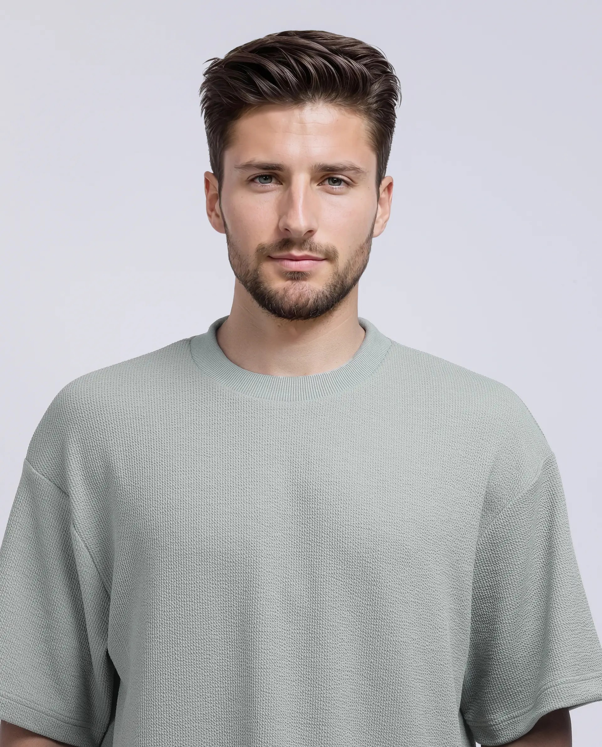 Rare Rabbit Men's Phix Dusky Green Poly Blend Textured Oversized Fit Half Sleeve Crew Neck T-Shirt - Image 7