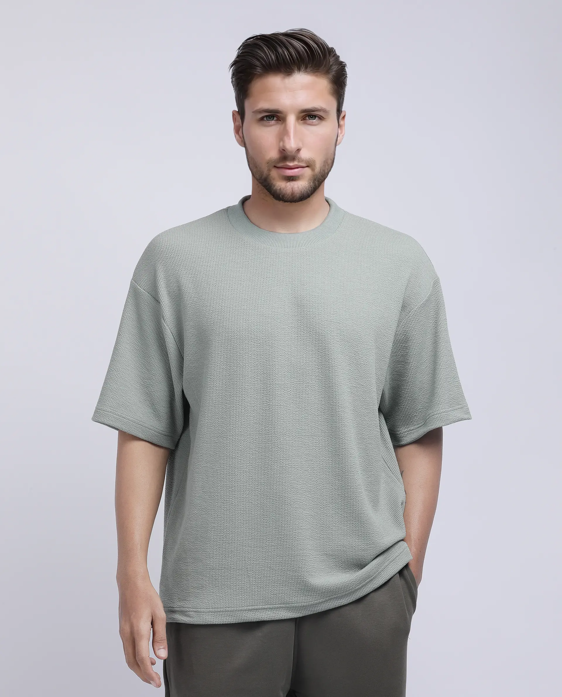 Rare Rabbit Men's Phix Dusky Green Poly Blend Textured Oversized Fit Half Sleeve Crew Neck T-Shirt - Image 8
