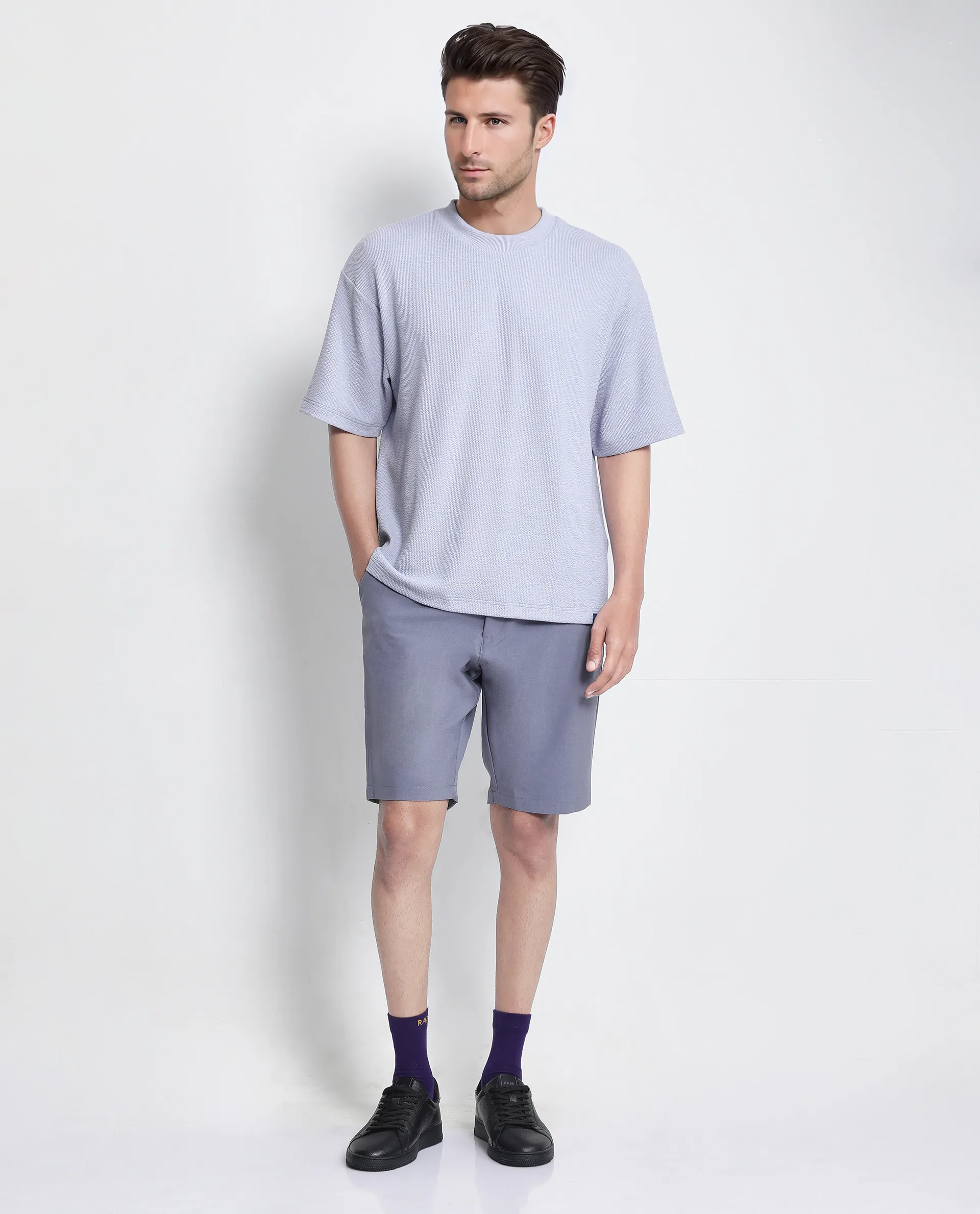 Rare Rabbit Men's Phix Dusky Purple Polyester Blend Textured Oversized Fit Half Sleeve Crew Neck T-Shirt - Image 2