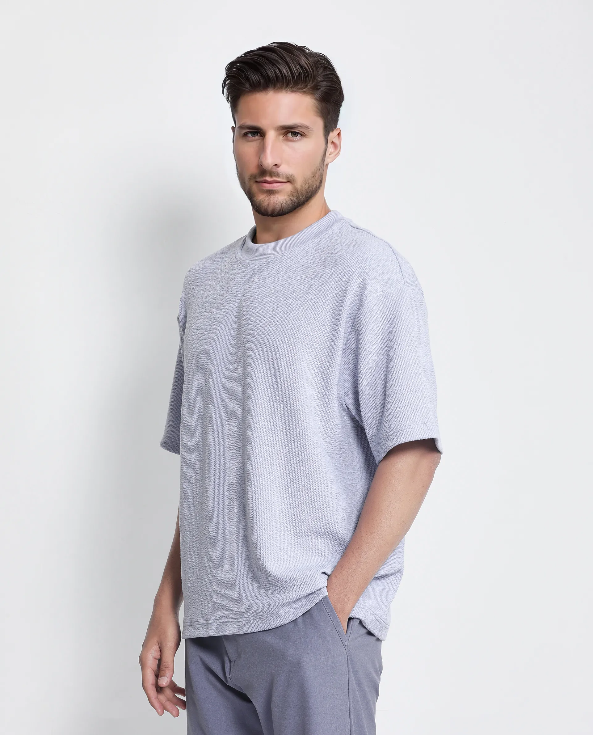 Rare Rabbit Men's Phix Dusky Purple Polyester Blend Textured Oversized Fit Half Sleeve Crew Neck T-Shirt - Image 5