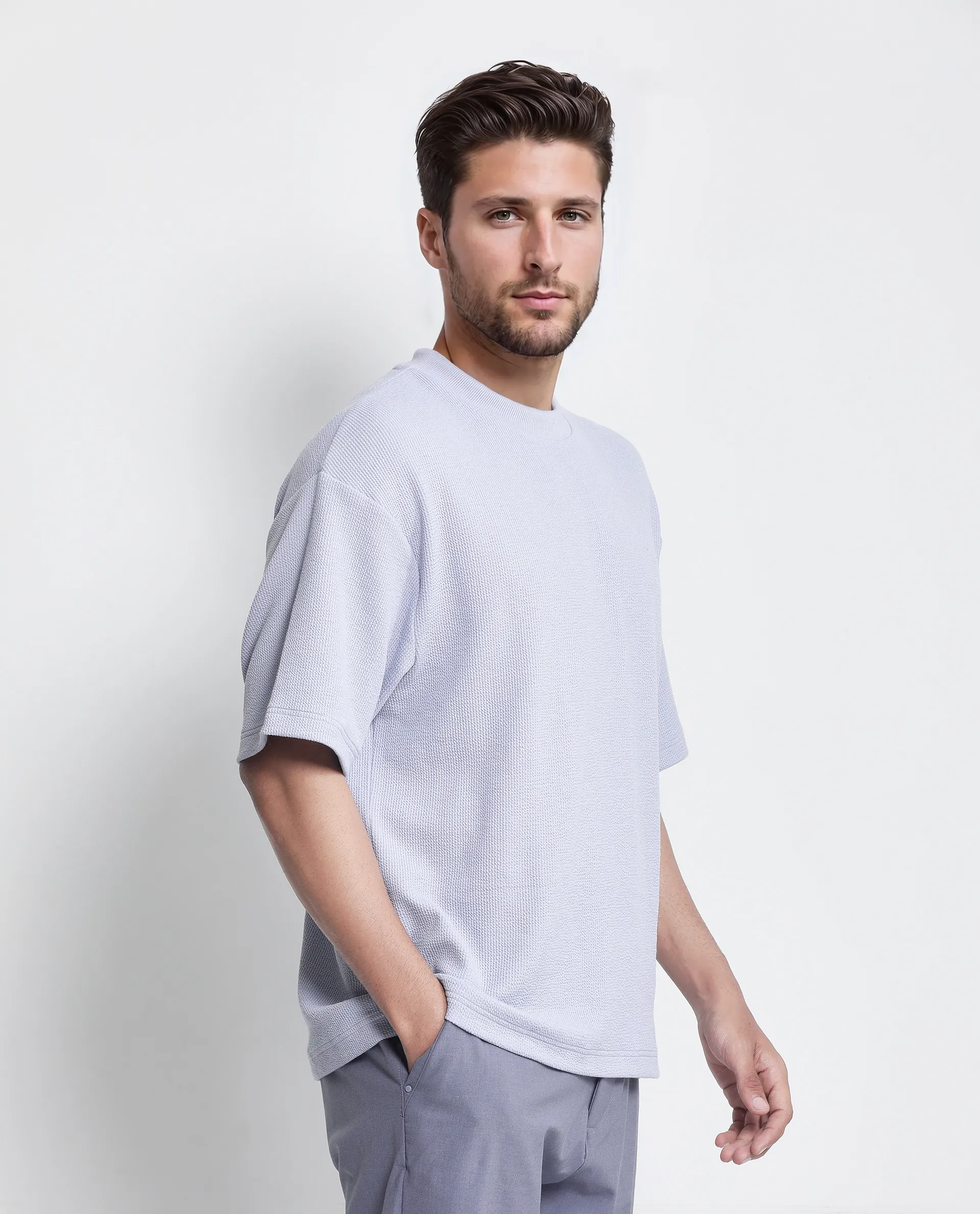 Rare Rabbit Men's Phix Dusky Purple Polyester Blend Textured Oversized Fit Half Sleeve Crew Neck T-Shirt - Image 6