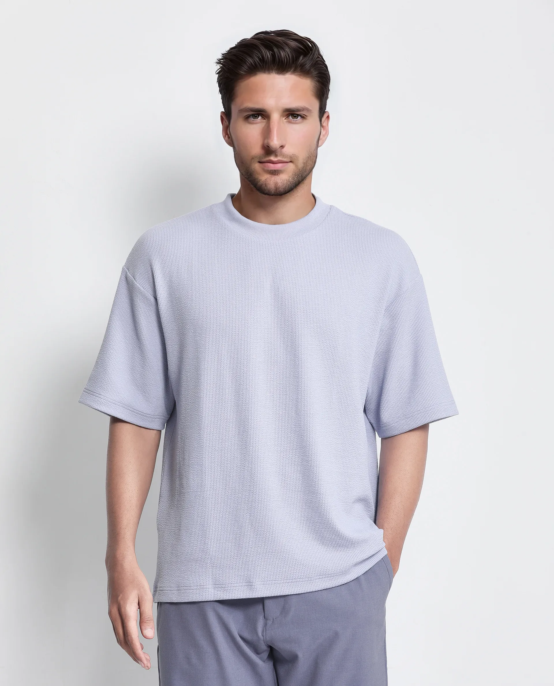 Rare Rabbit Men's Phix Dusky Purple Polyester Blend Textured Oversized Fit Half Sleeve Crew Neck T-Shirt - Image 8