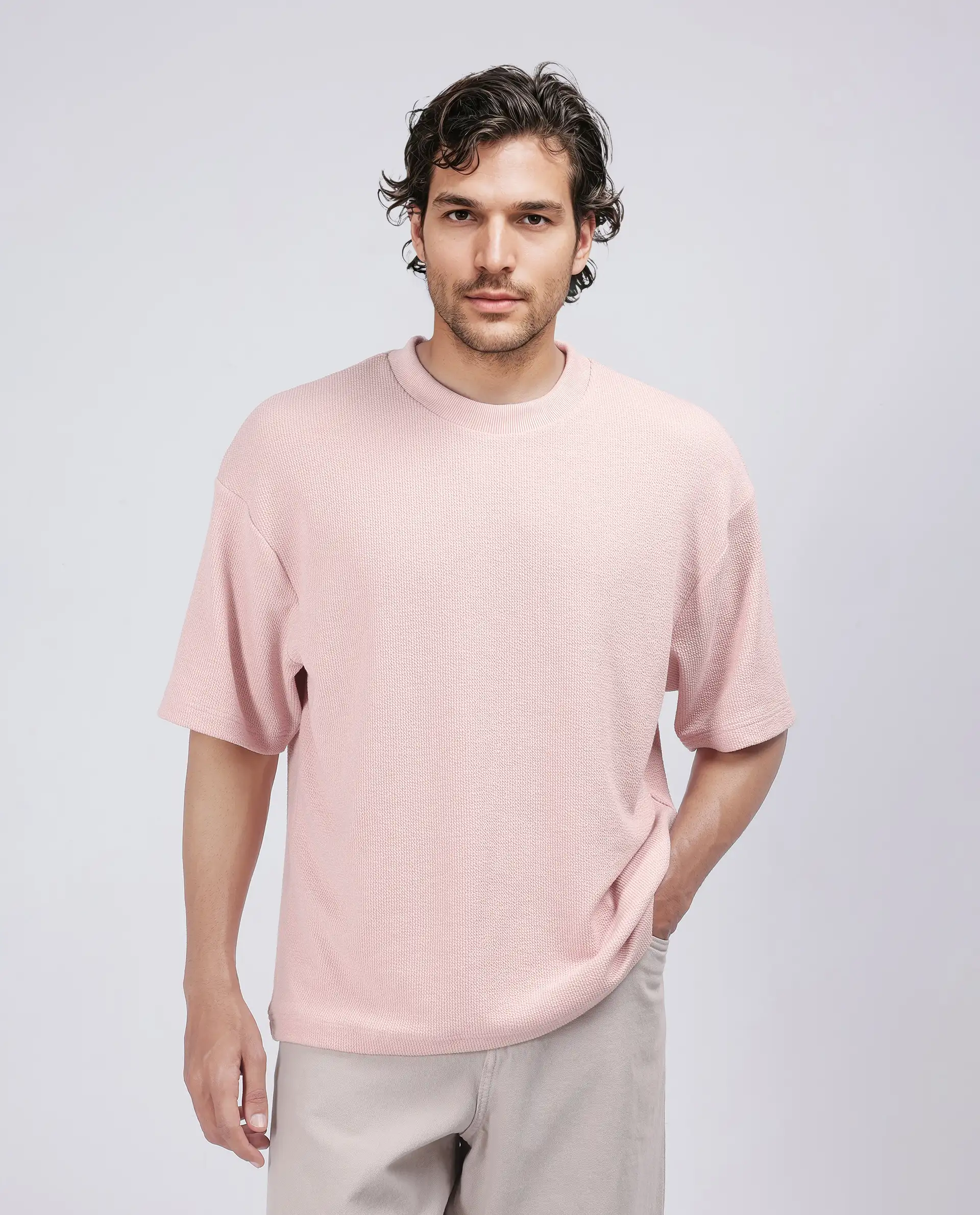 Rare Rabbit Men's Phix Light Pink Poly Blend Textured Oversized Fit Half Sleeve Crew Neck T-Shirt