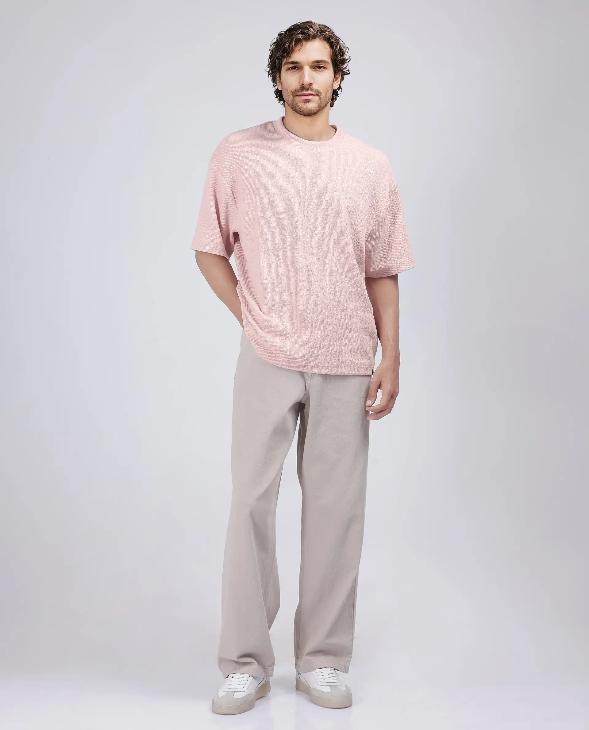 Rare Rabbit Men's Phix Light Pink Poly Blend Textured Oversized Fit Half Sleeve Crew Neck T-Shirt - Image 2