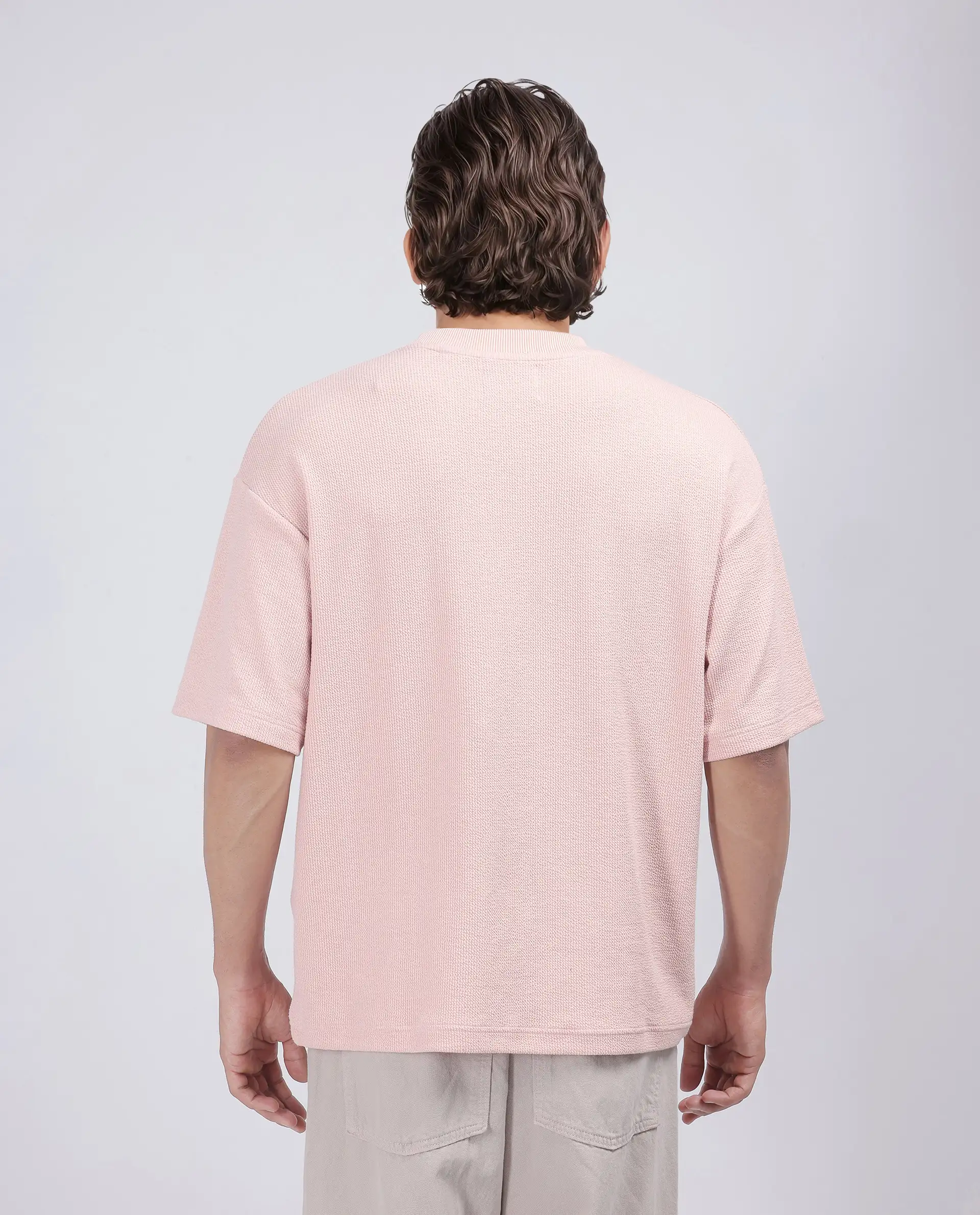 Rare Rabbit Men's Phix Light Pink Poly Blend Textured Oversized Fit Half Sleeve Crew Neck T-Shirt - Image 4