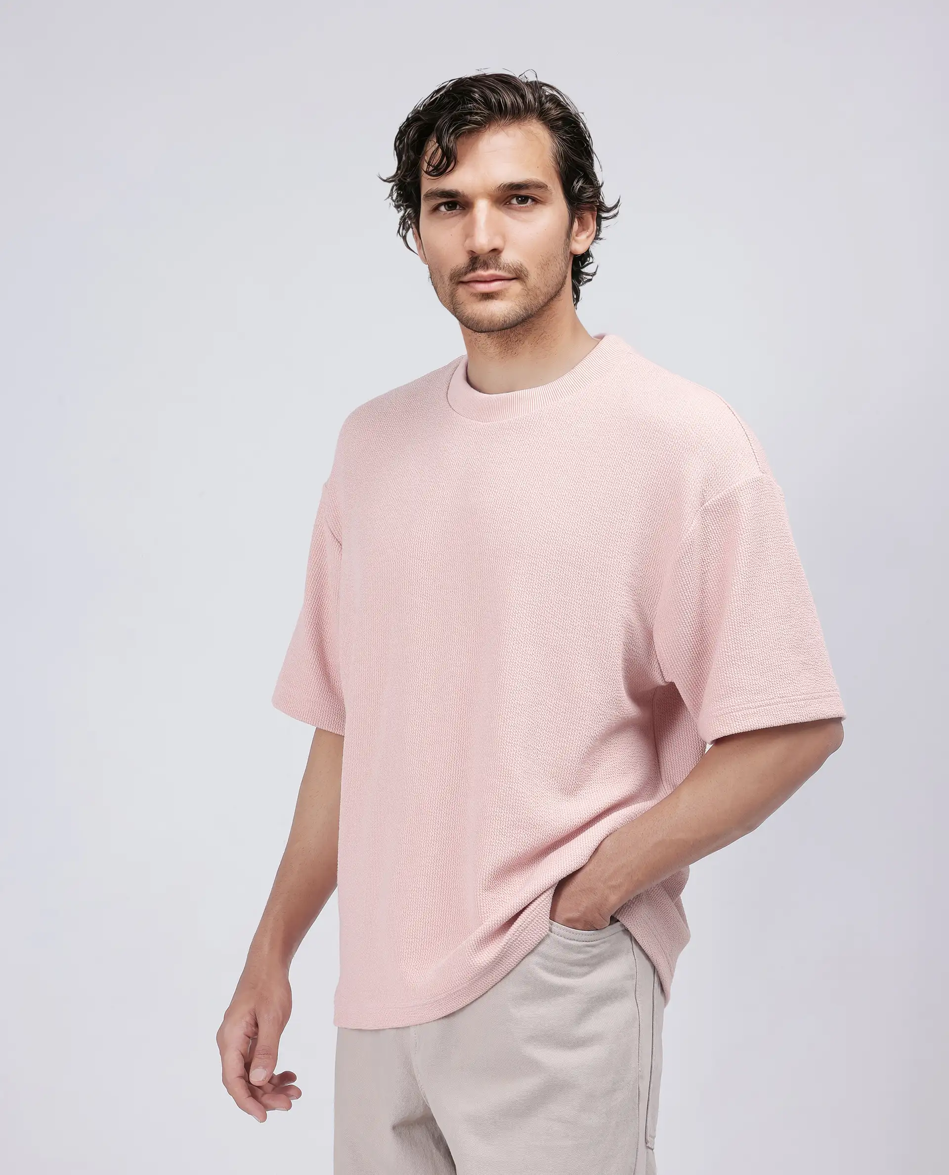Rare Rabbit Men's Phix Light Pink Poly Blend Textured Oversized Fit Half Sleeve Crew Neck T-Shirt - Image 5