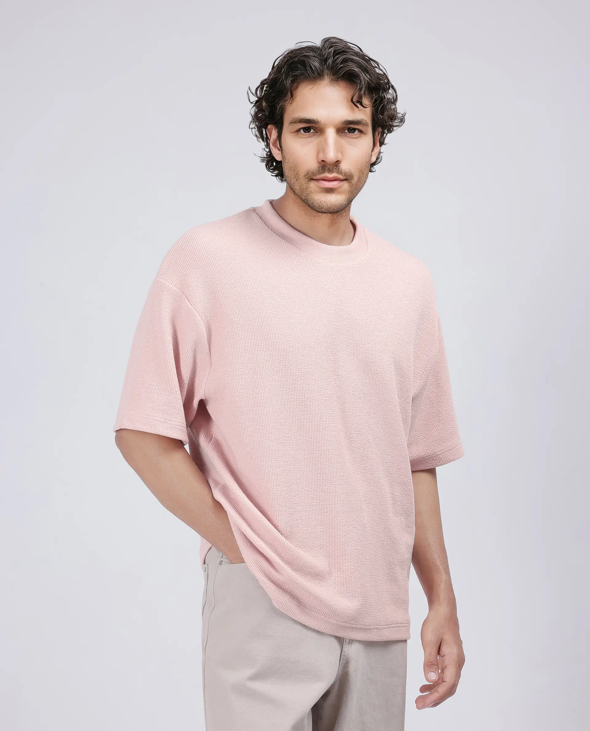 Rare Rabbit Men's Phix Light Pink Poly Blend Textured Oversized Fit Half Sleeve Crew Neck T-Shirt - Image 6