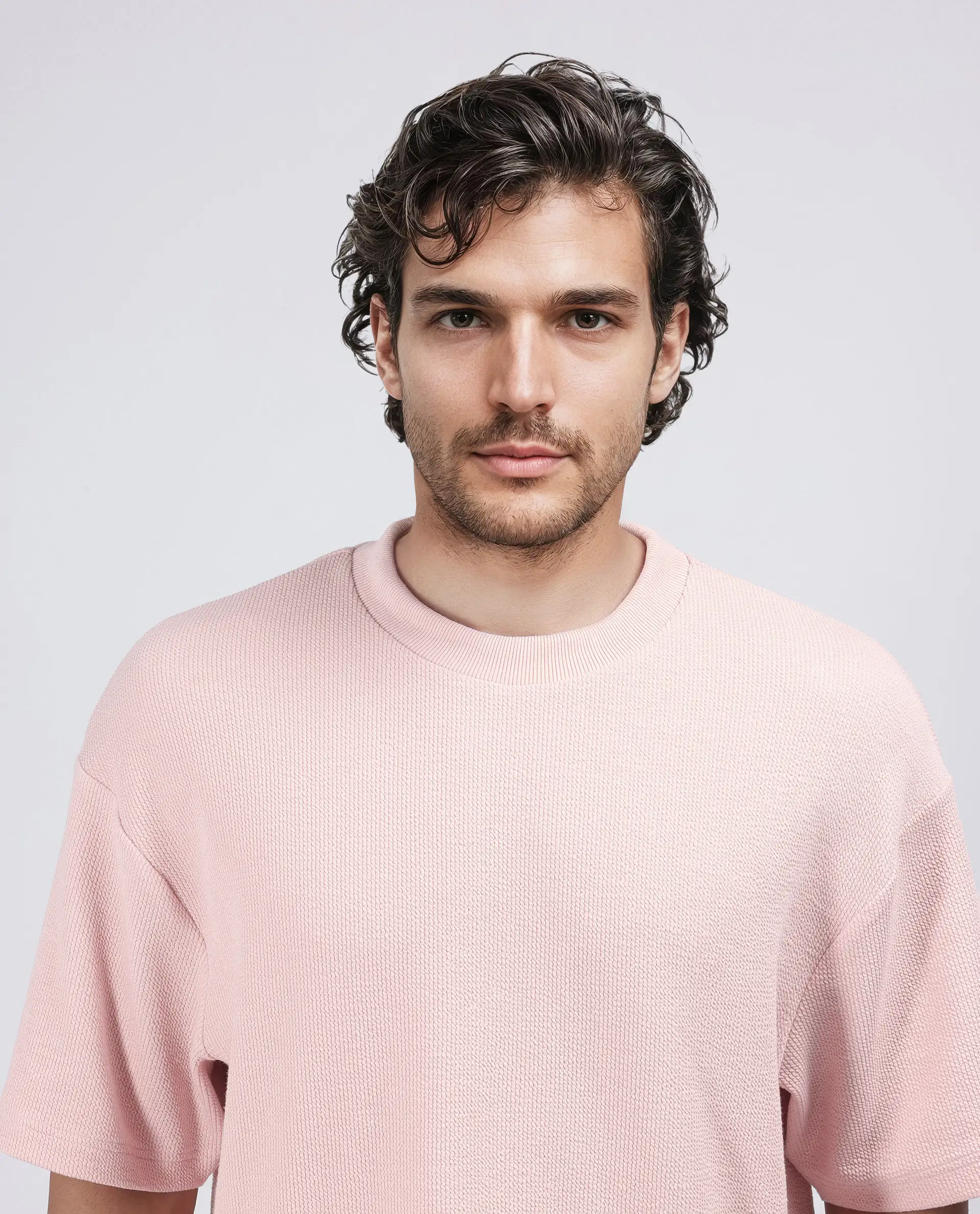 Rare Rabbit Men's Phix Light Pink Poly Blend Textured Oversized Fit Half Sleeve Crew Neck T-Shirt - Image 7