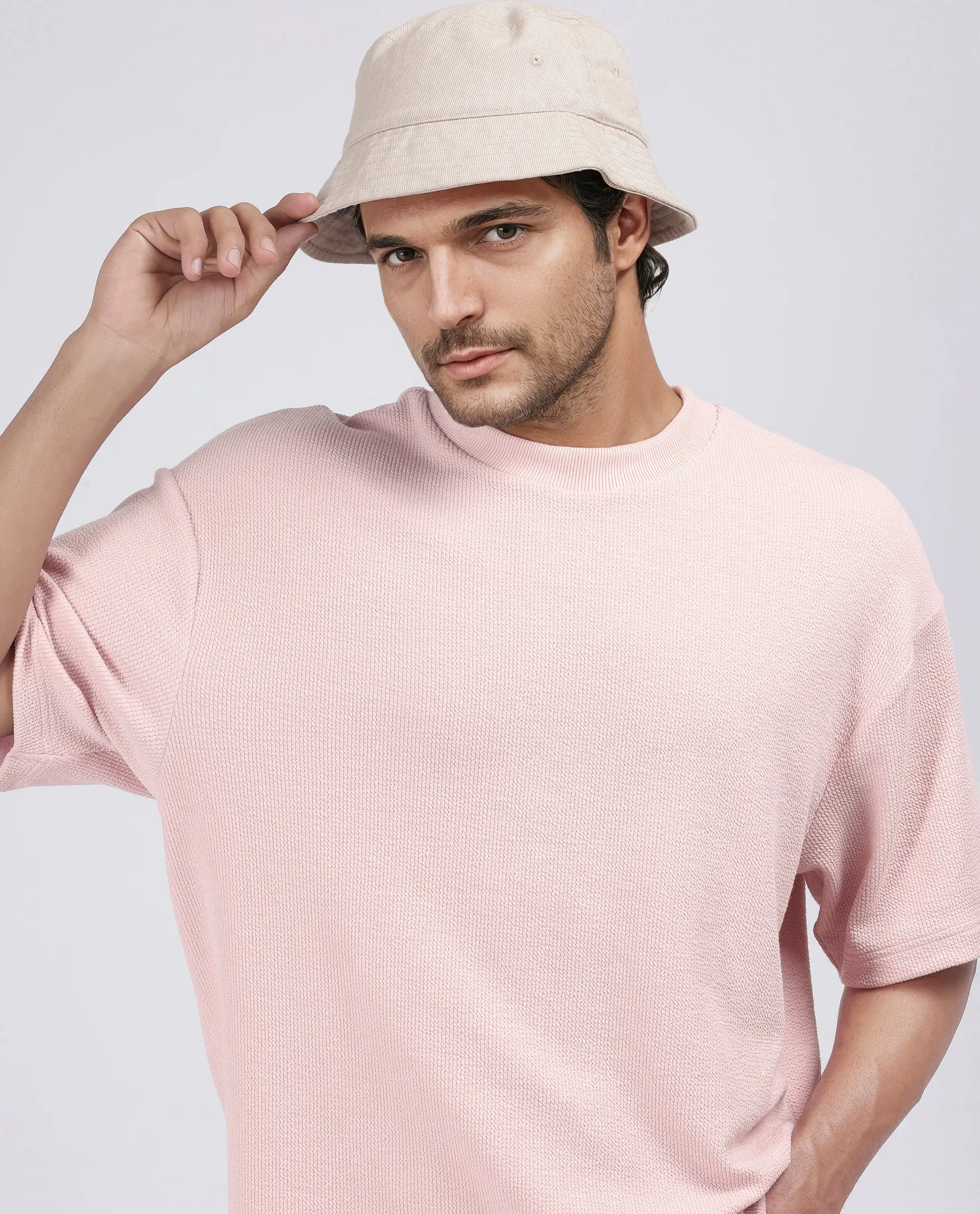 Rare Rabbit Men's Phix Light Pink Poly Blend Textured Oversized Fit Half Sleeve Crew Neck T-Shirt - Image 8