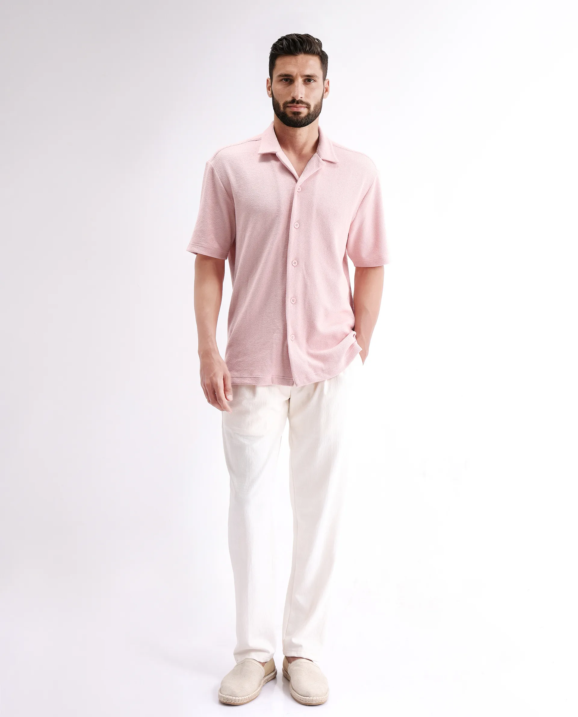 Rare Rabbit Men's Phixo Light Pink Cotton Plain Relaxed Fit Half Sleeve Cuban Collar Shirt - Image 2