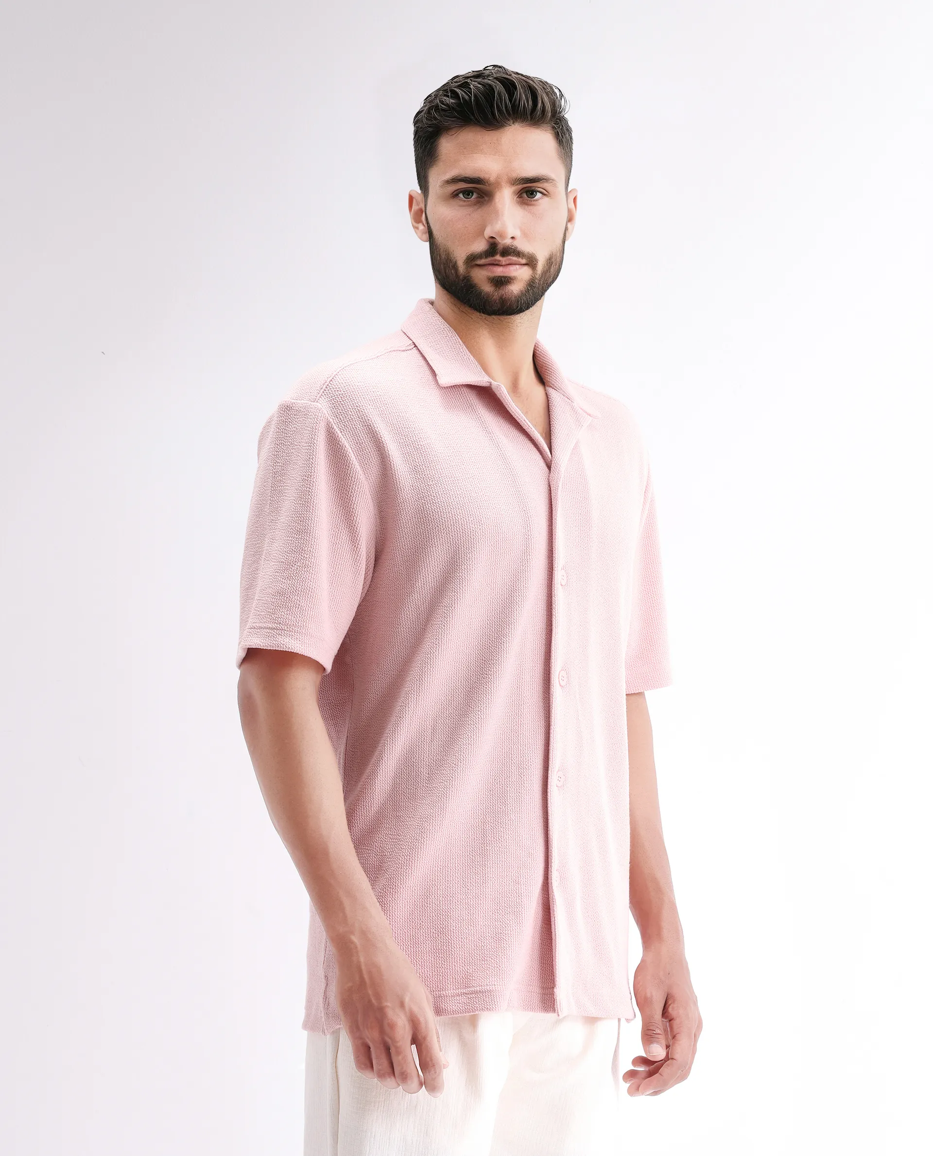 Rare Rabbit Men's Phixo Light Pink Cotton Plain Relaxed Fit Half Sleeve Cuban Collar Shirt - Image 5