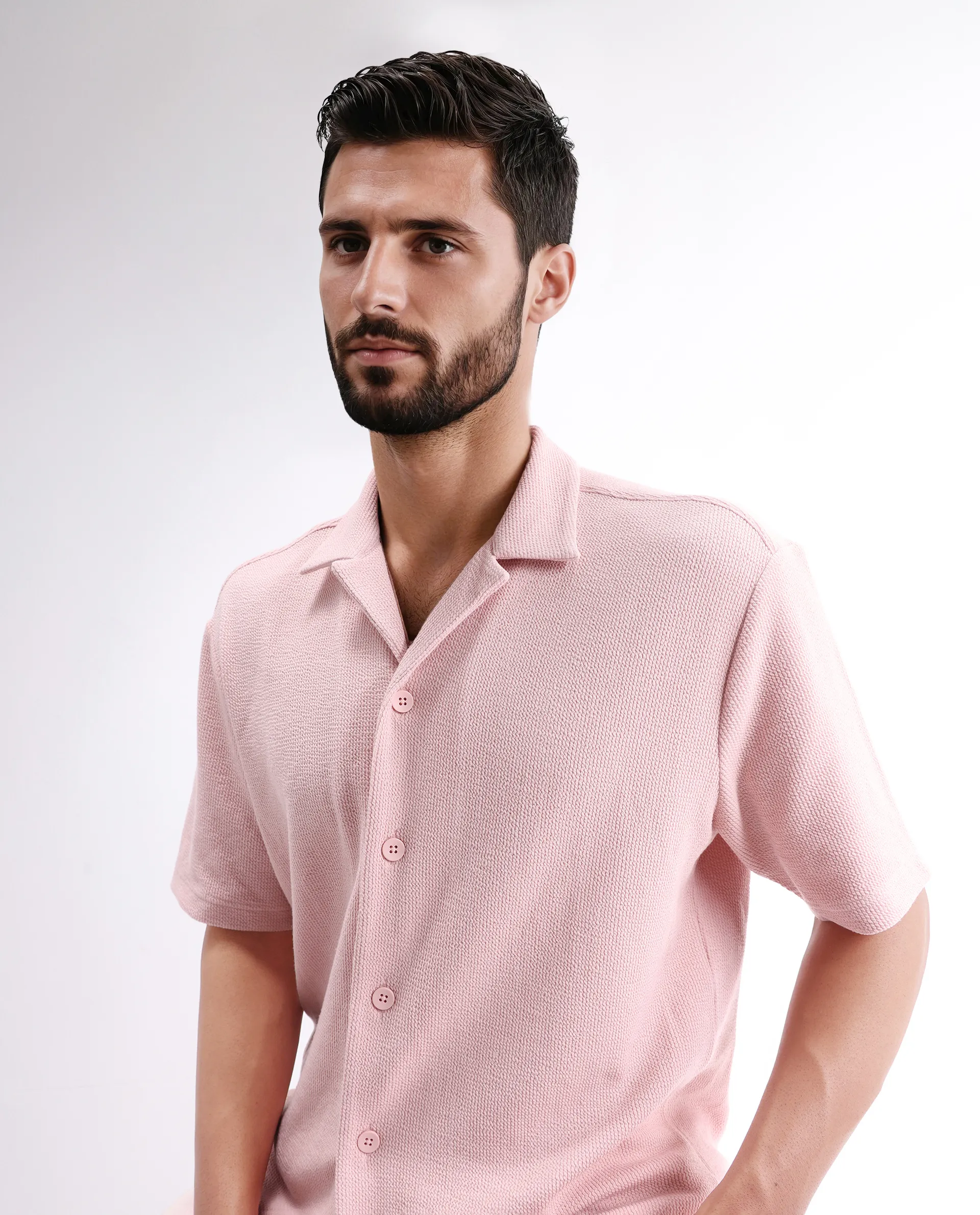 Rare Rabbit Men's Phixo Light Pink Cotton Plain Relaxed Fit Half Sleeve Cuban Collar Shirt - Image 7