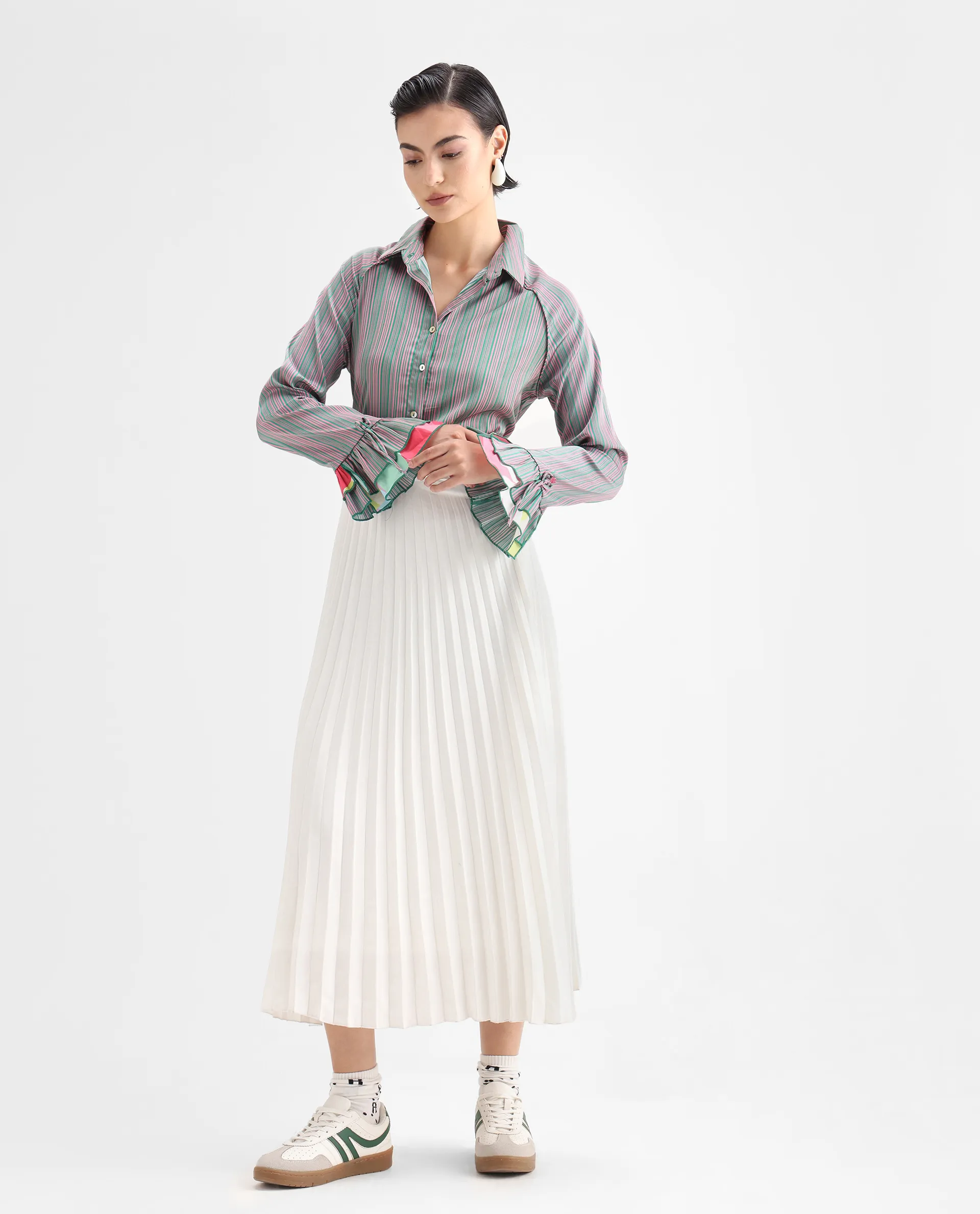 Rareism Women's Phyre Pink Polyester Spread Collar Striped Ruffled Sleeve Regular Fit Top - Image 2