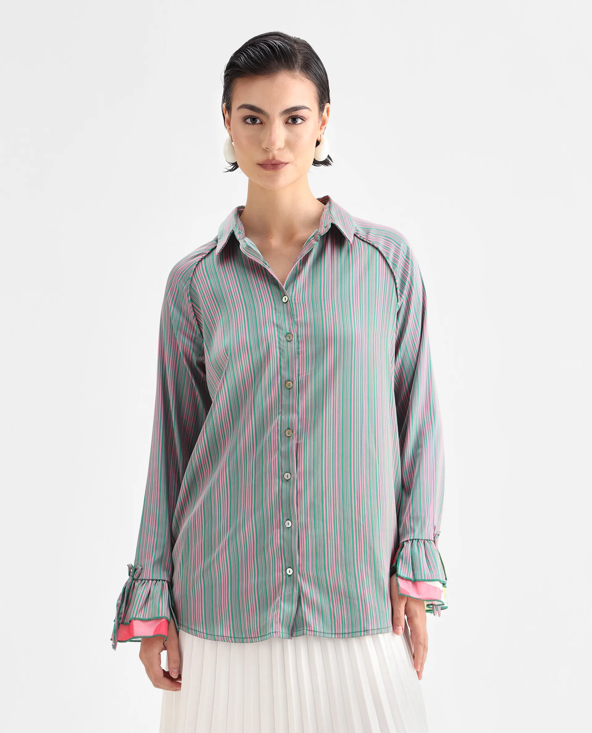Rareism Women's Phyre Pink Polyester Spread Collar Striped Ruffled Sleeve Regular Fit Top - Image 3