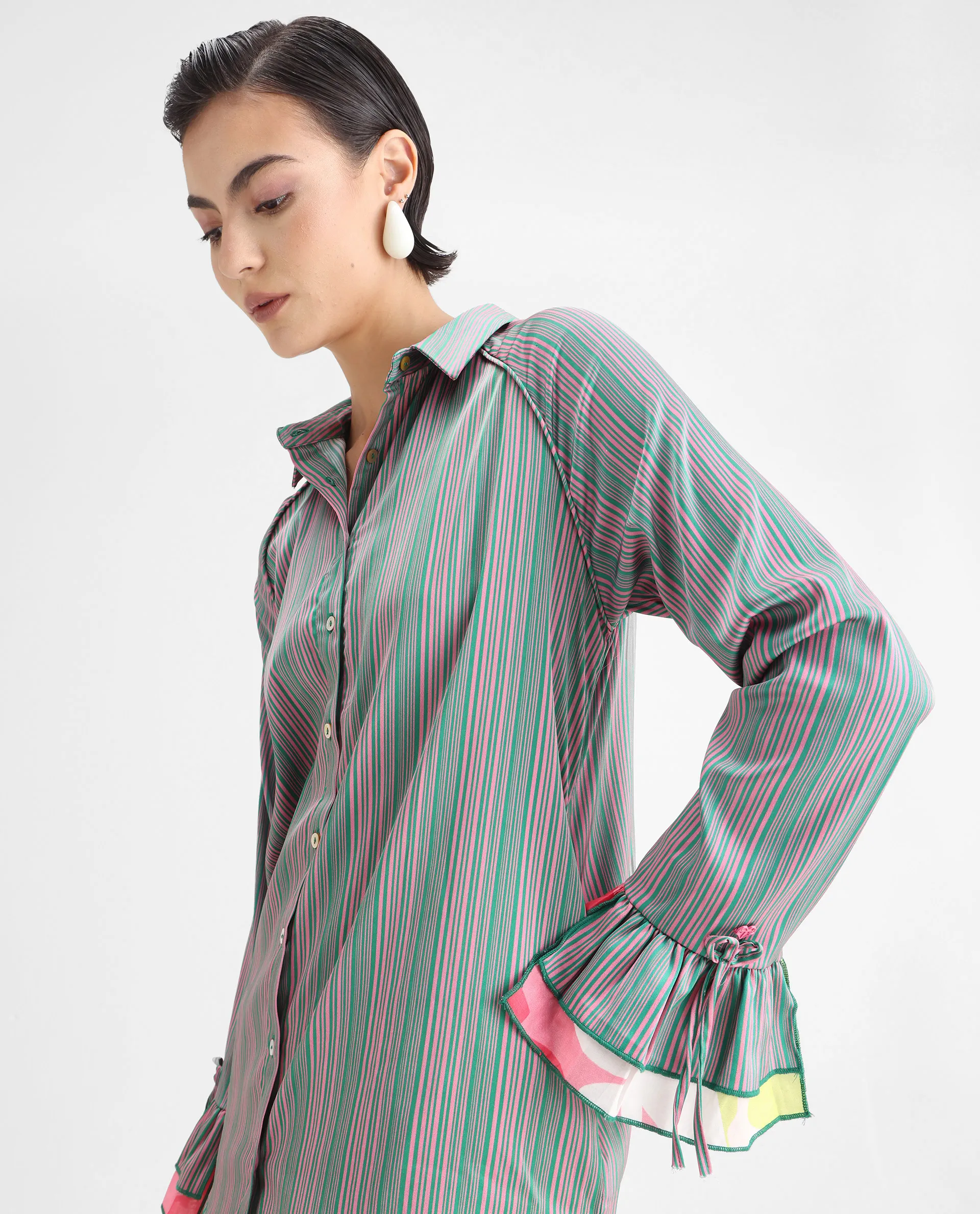 Rareism Women's Phyre Pink Polyester Spread Collar Striped Ruffled Sleeve Regular Fit Top - Image 4