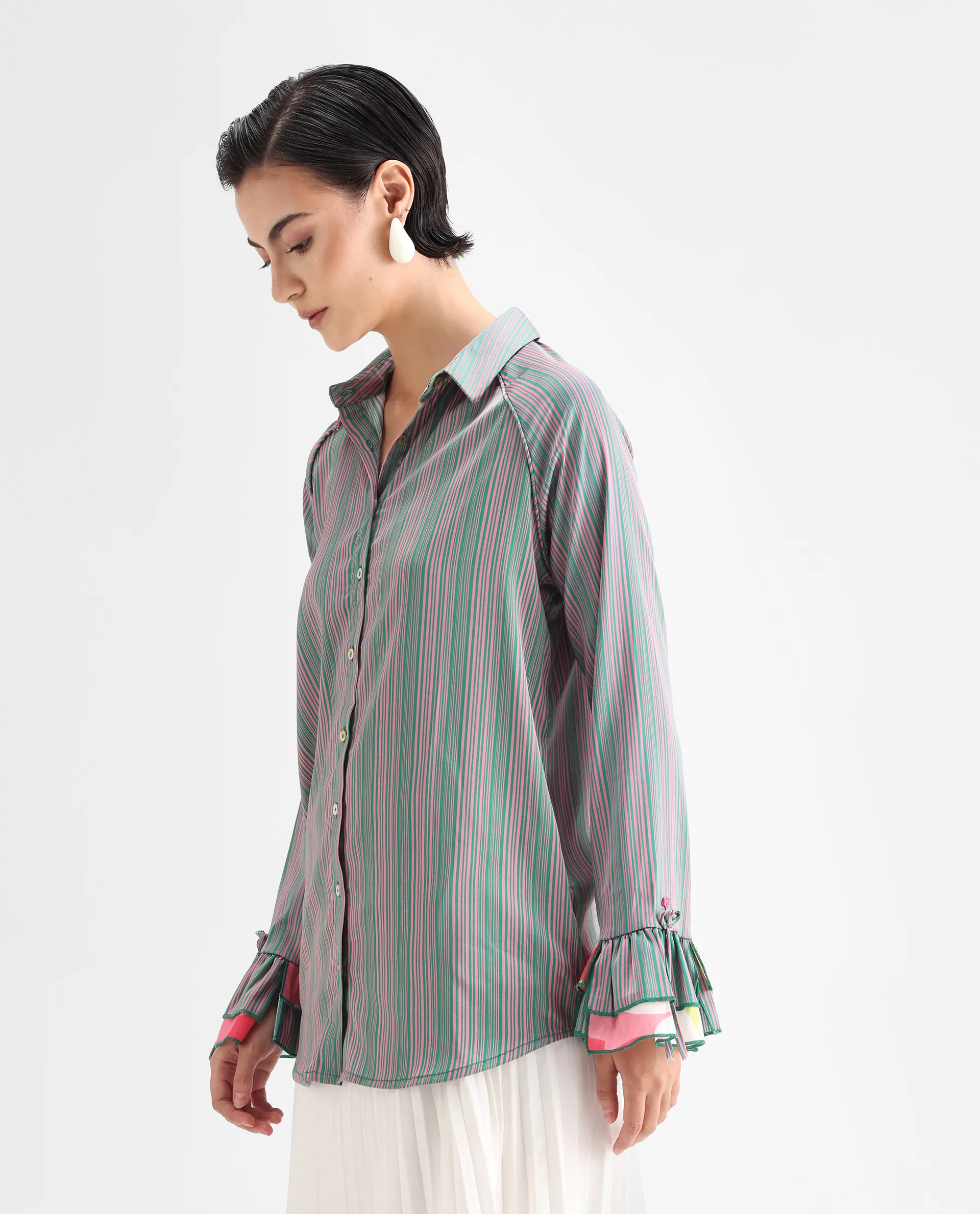 Rareism Women's Phyre Pink Polyester Spread Collar Striped Ruffled Sleeve Regular Fit Top - Image 5