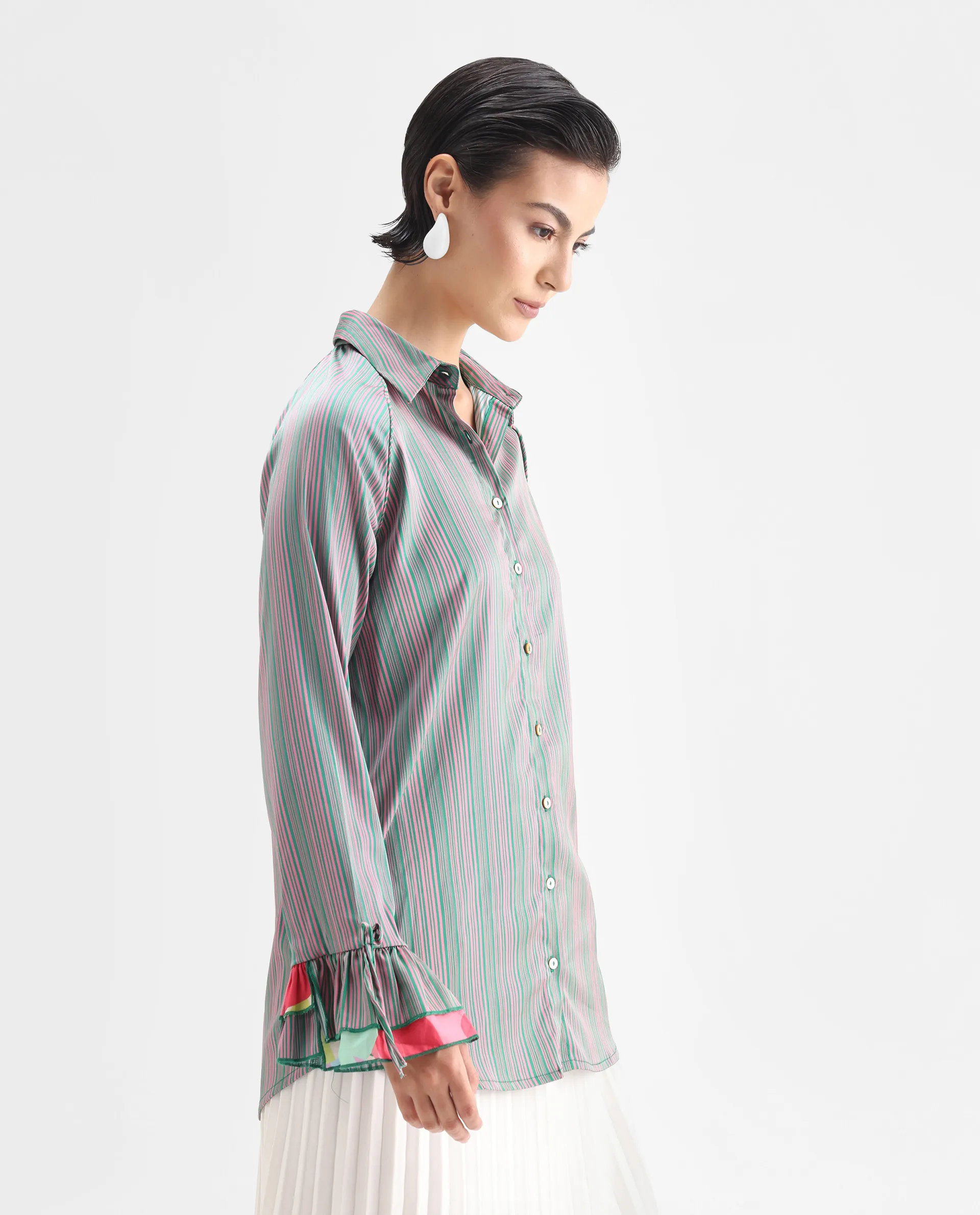 Rareism Women's Phyre Pink Polyester Spread Collar Striped Ruffled Sleeve Regular Fit Top - Image 6