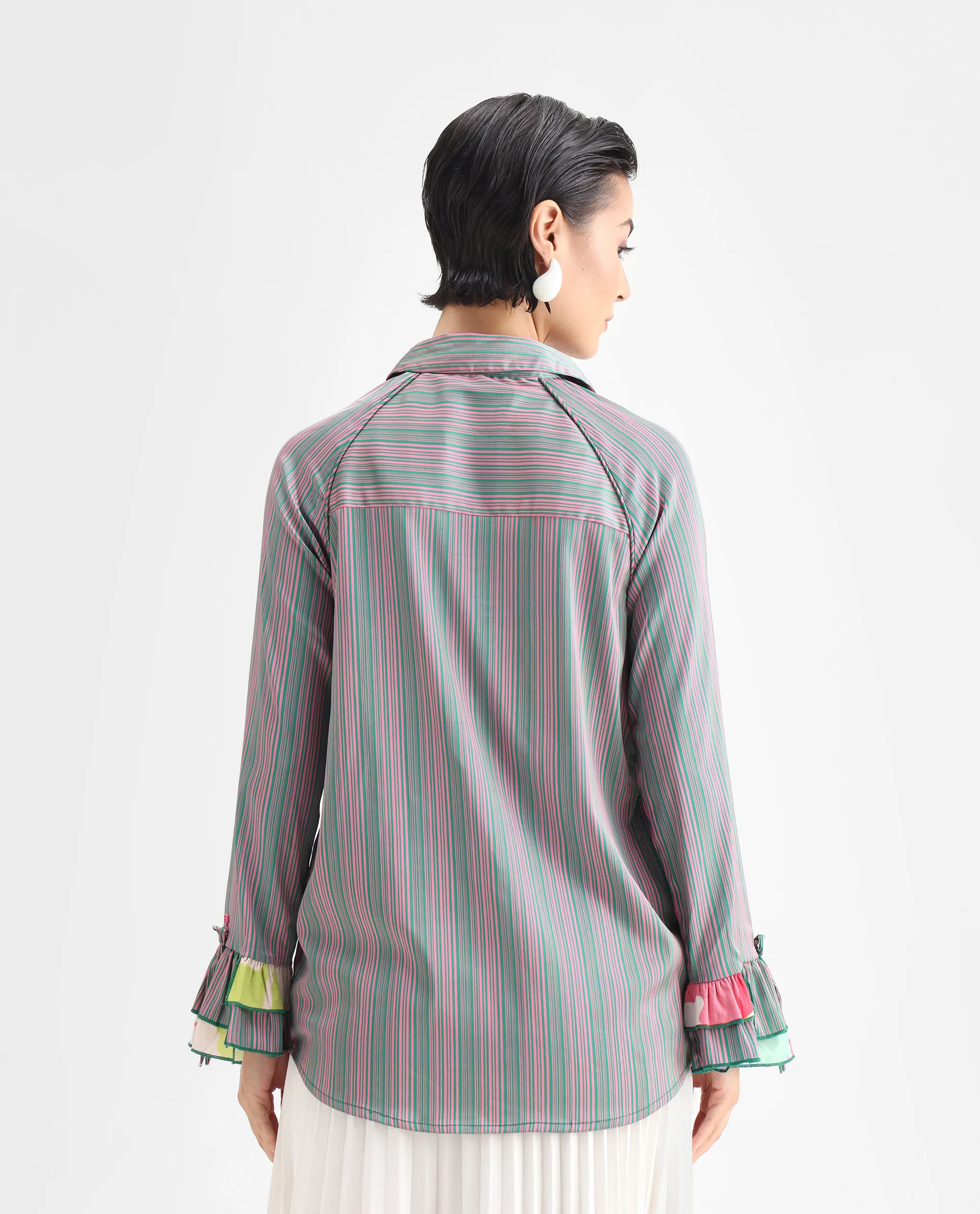 Rareism Women's Phyre Pink Polyester Spread Collar Striped Ruffled Sleeve Regular Fit Top - Image 7
