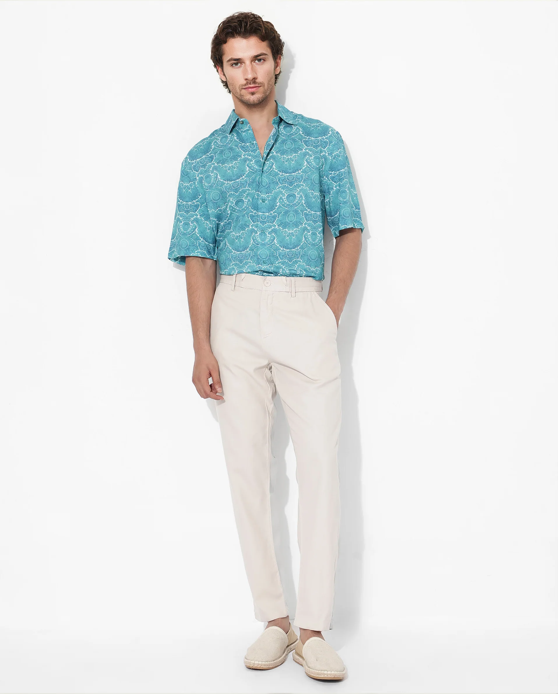 Rare Rabbit Men's Picano Dark Turq Viscose Floral Print Boxy Fit Half Sleeve Collared Shirt - Image 2