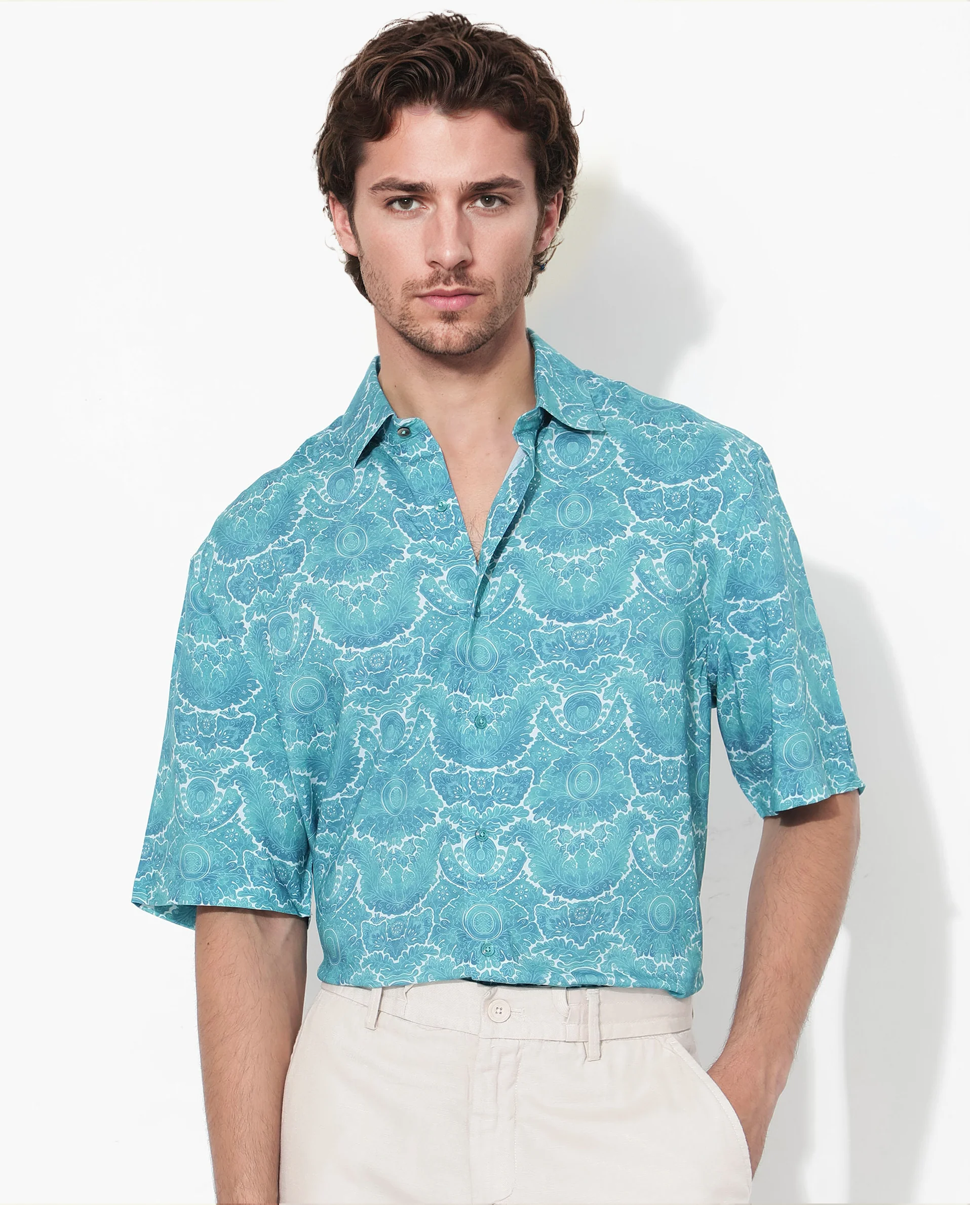 Rare Rabbit Men's Picano Dark Turq Viscose Floral Print Boxy Fit Half Sleeve Collared Shirt - Image 3