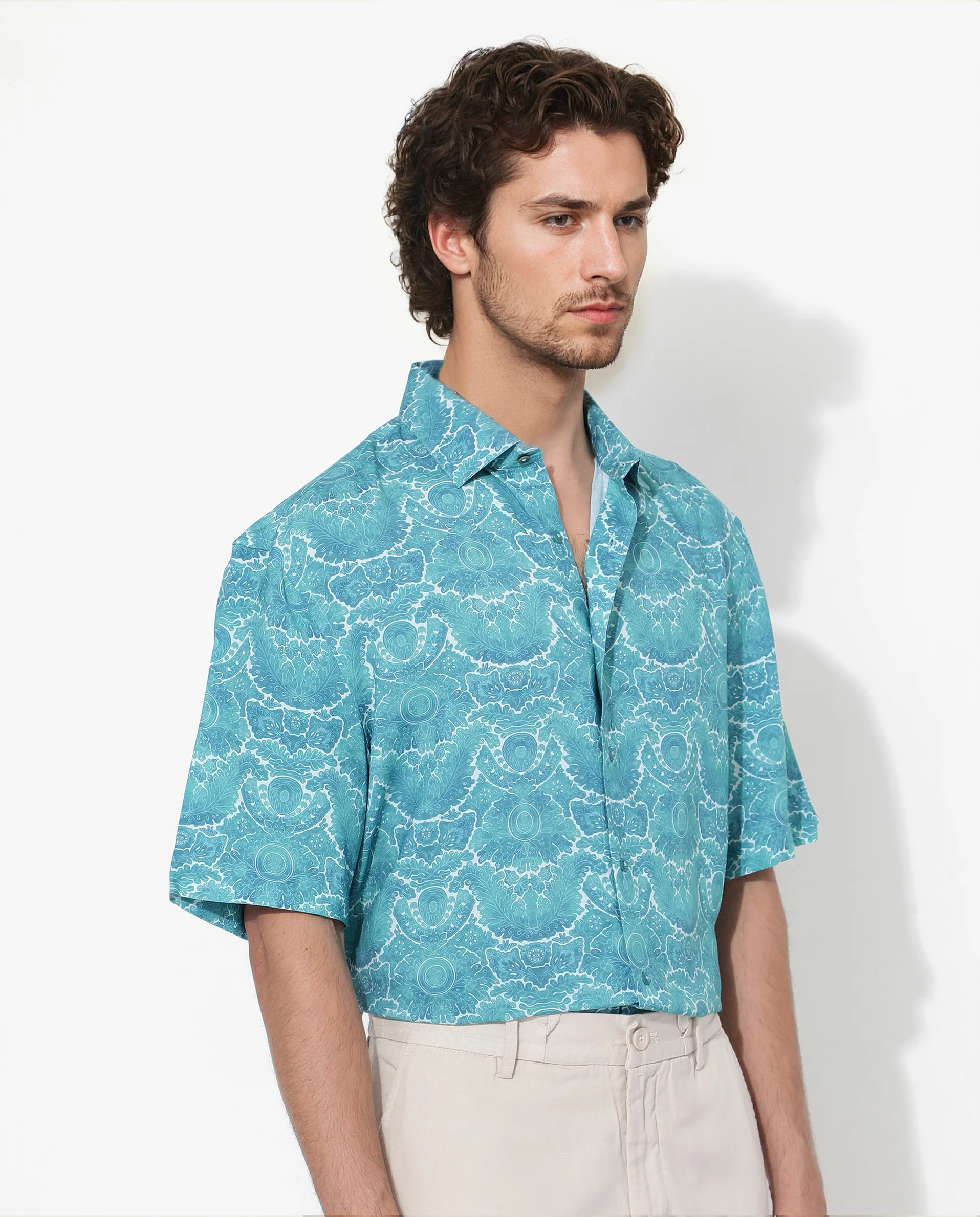 Rare Rabbit Men's Picano Dark Turq Viscose Floral Print Boxy Fit Half Sleeve Collared Shirt - Image 4