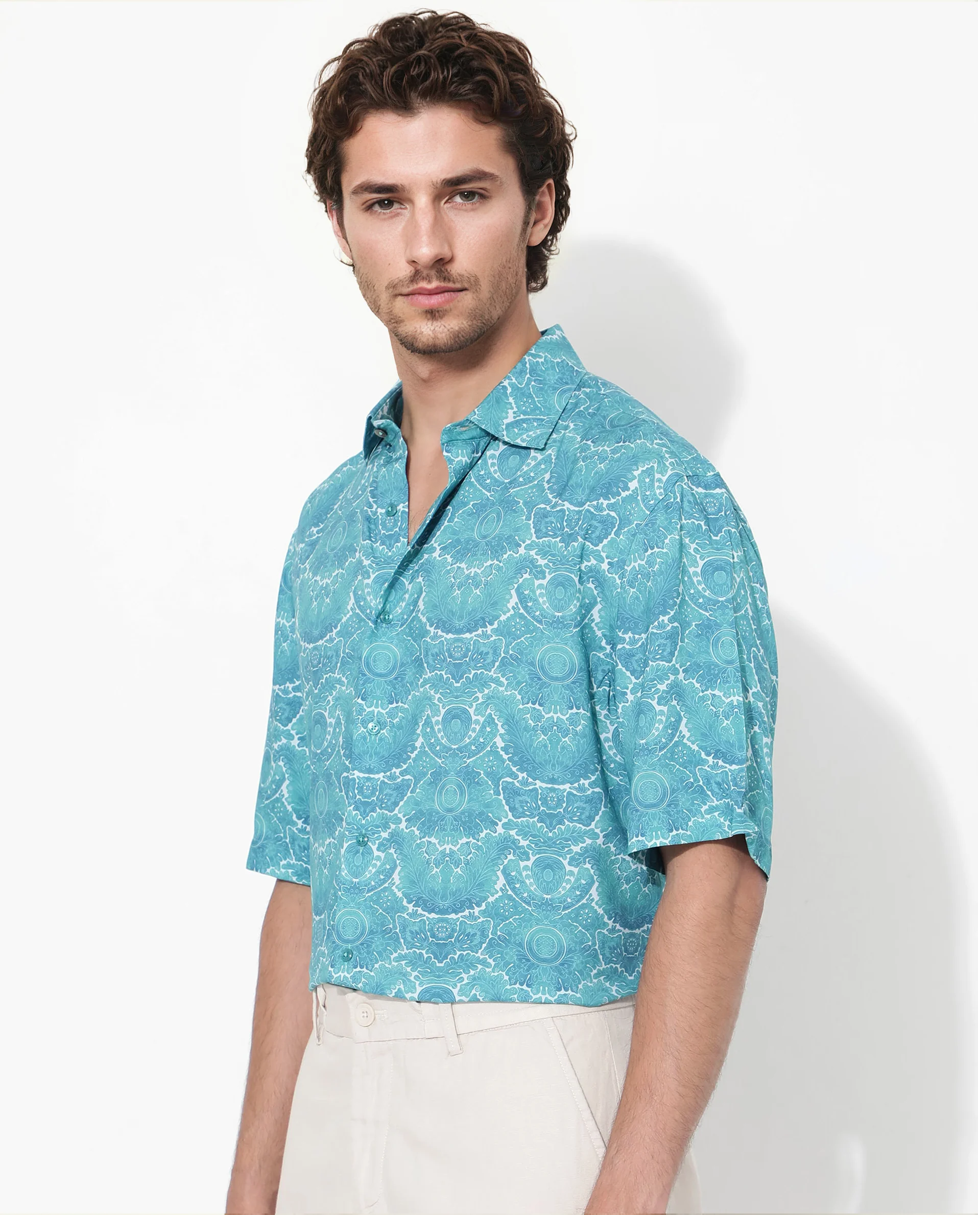 Rare Rabbit Men's Picano Dark Turq Viscose Floral Print Boxy Fit Half Sleeve Collared Shirt - Image 5