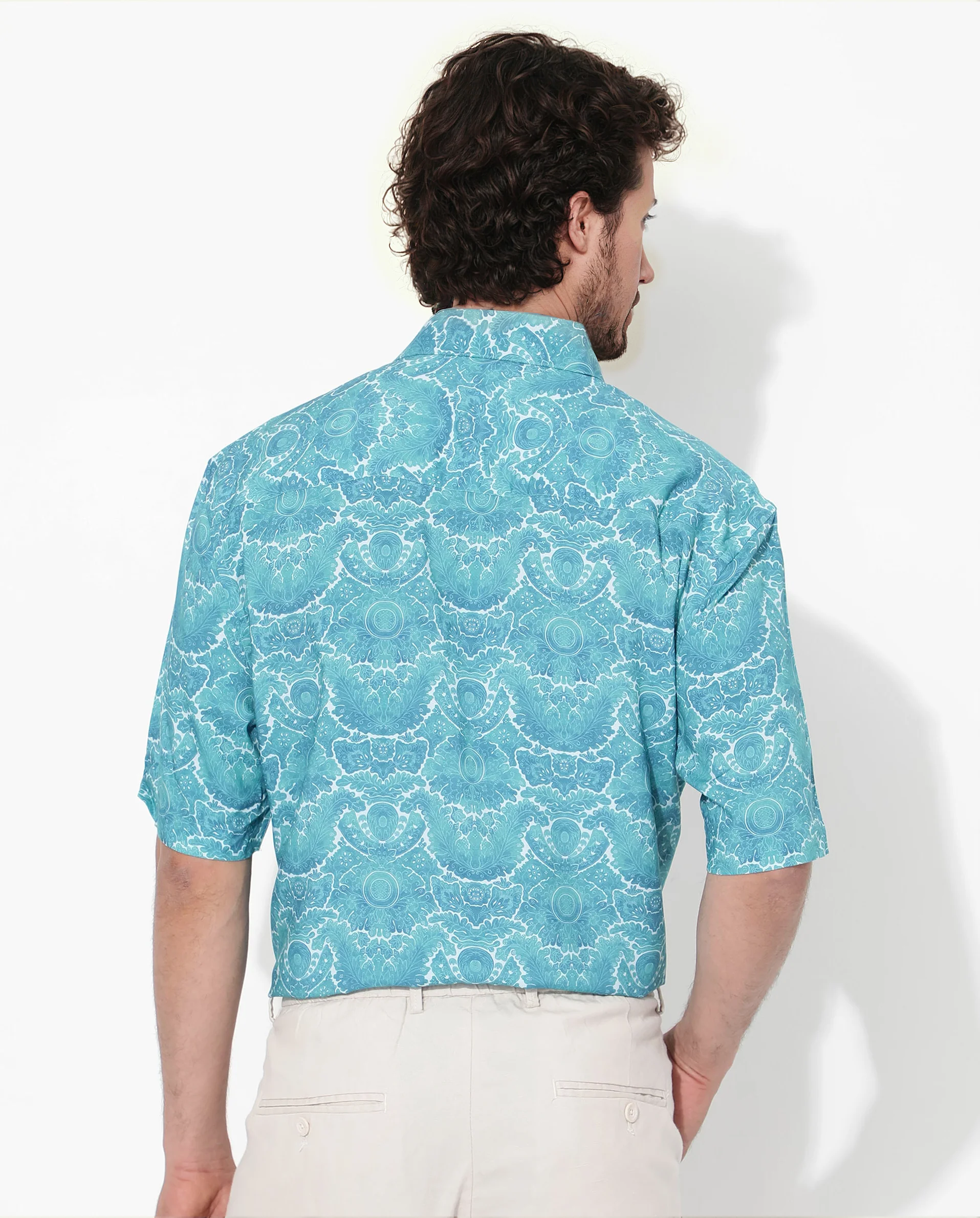 Rare Rabbit Men's Picano Dark Turq Viscose Floral Print Boxy Fit Half Sleeve Collared Shirt - Image 6