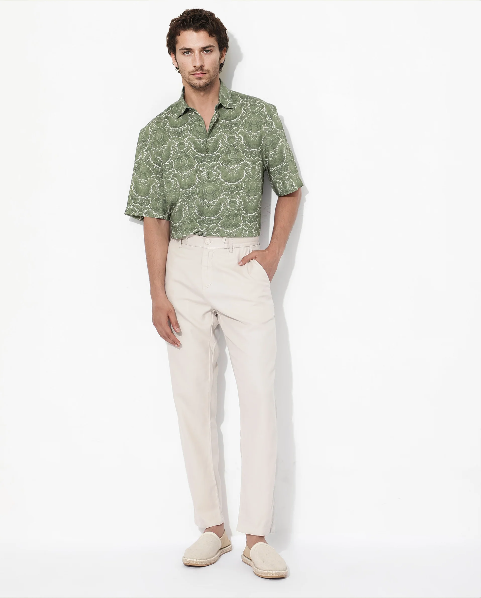 Rare Rabbit Men's Picano Dusky Green Viscose Floral Print Boxy Fit Half Sleeve Collared Shirt - Image 2