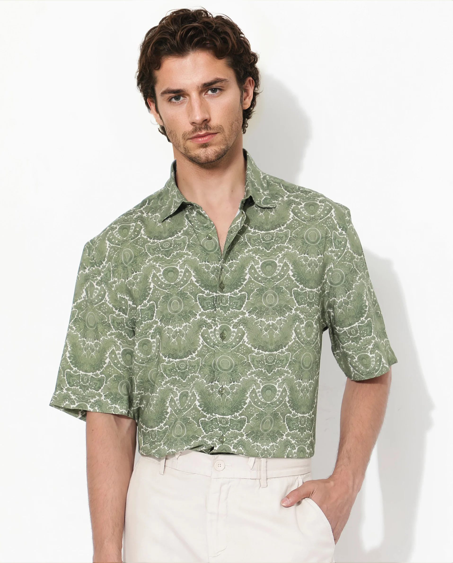 Rare Rabbit Men's Picano Dusky Green Viscose Floral Print Boxy Fit Half Sleeve Collared Shirt - Image 3