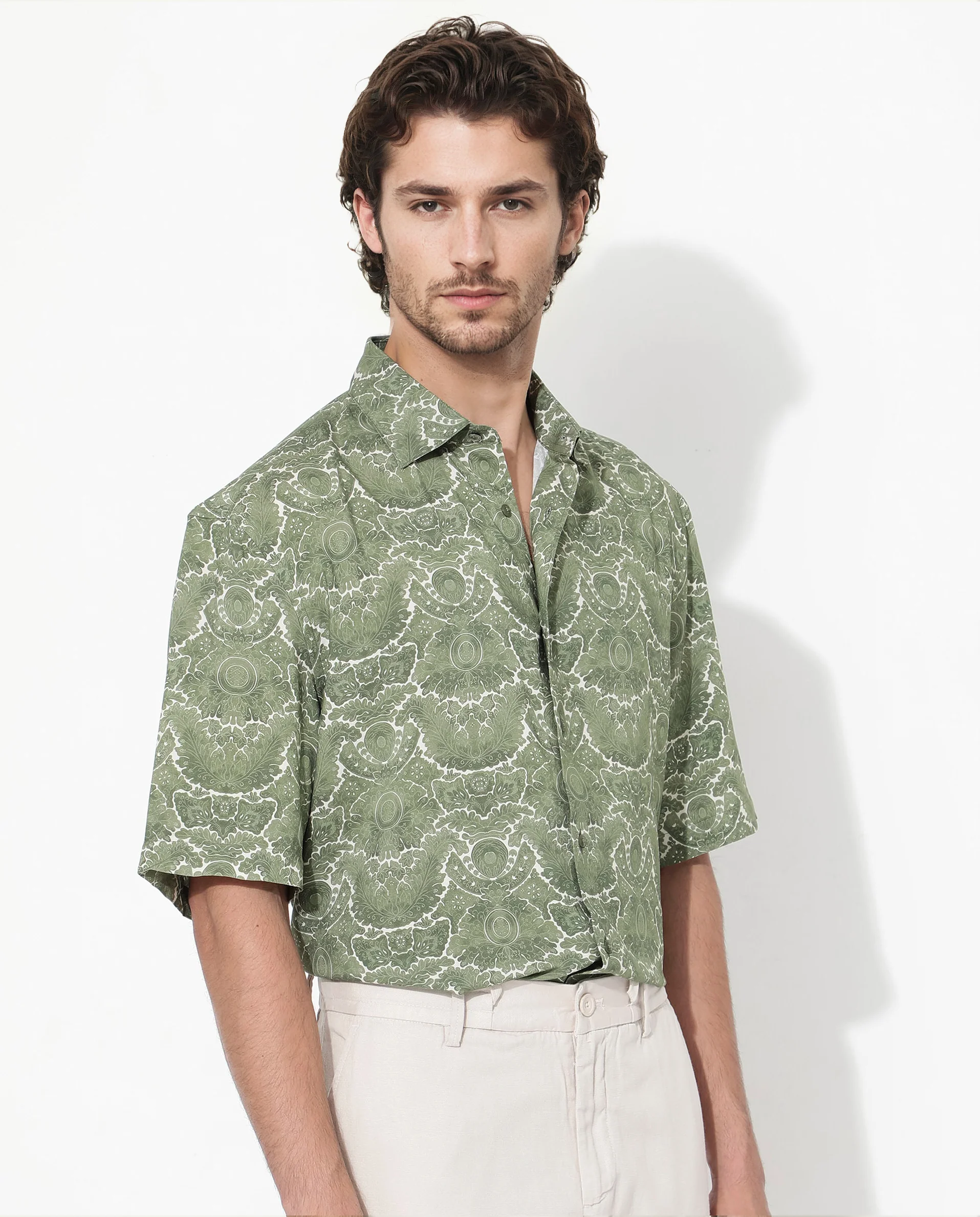 Rare Rabbit Men's Picano Dusky Green Viscose Floral Print Boxy Fit Half Sleeve Collared Shirt - Image 4