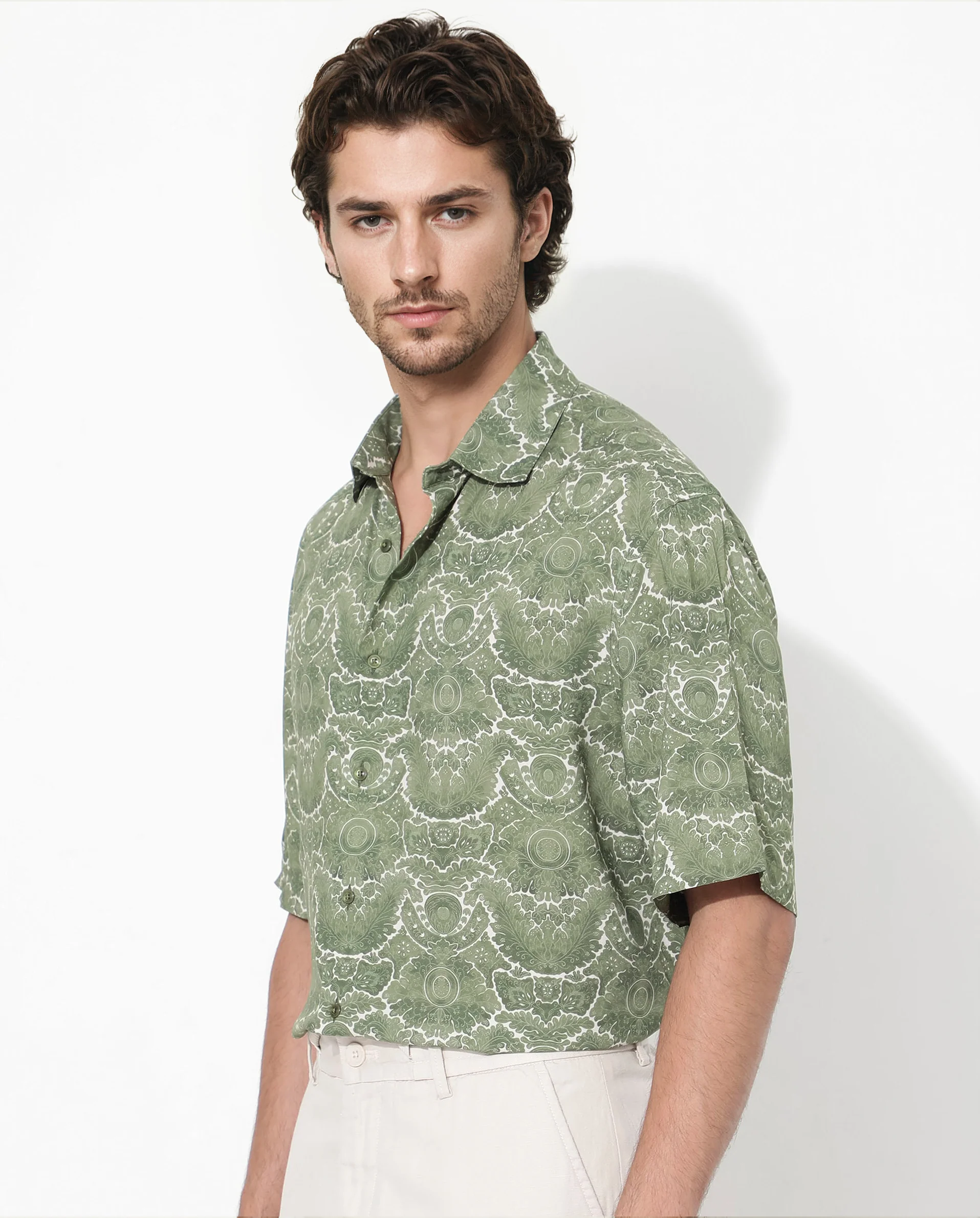 Rare Rabbit Men's Picano Dusky Green Viscose Floral Print Boxy Fit Half Sleeve Collared Shirt - Image 5