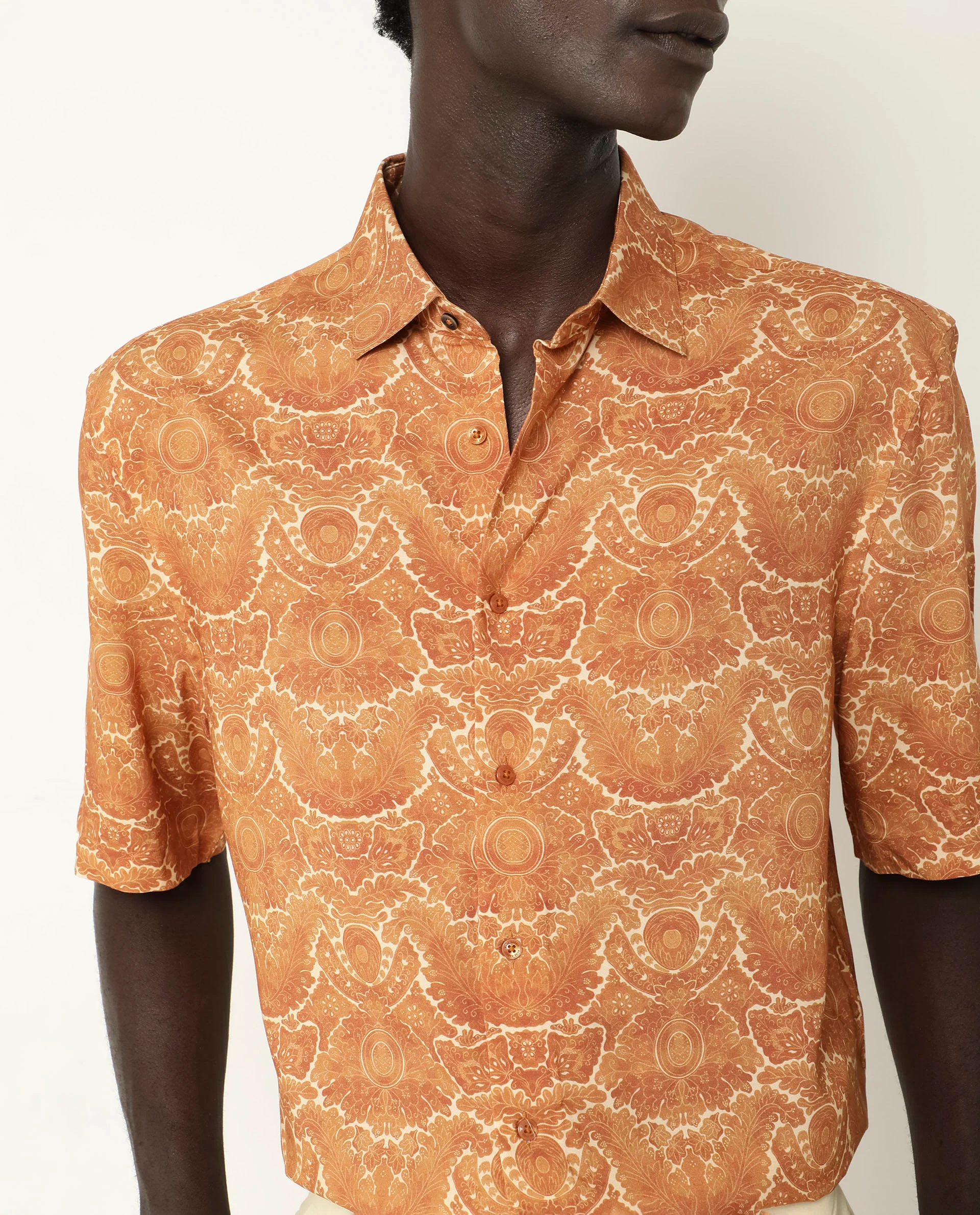Rare Rabbit Men's Picano Mustard Viscose Floral Print Boxy Fit Half Sleeve Collared Shirt - Image 3