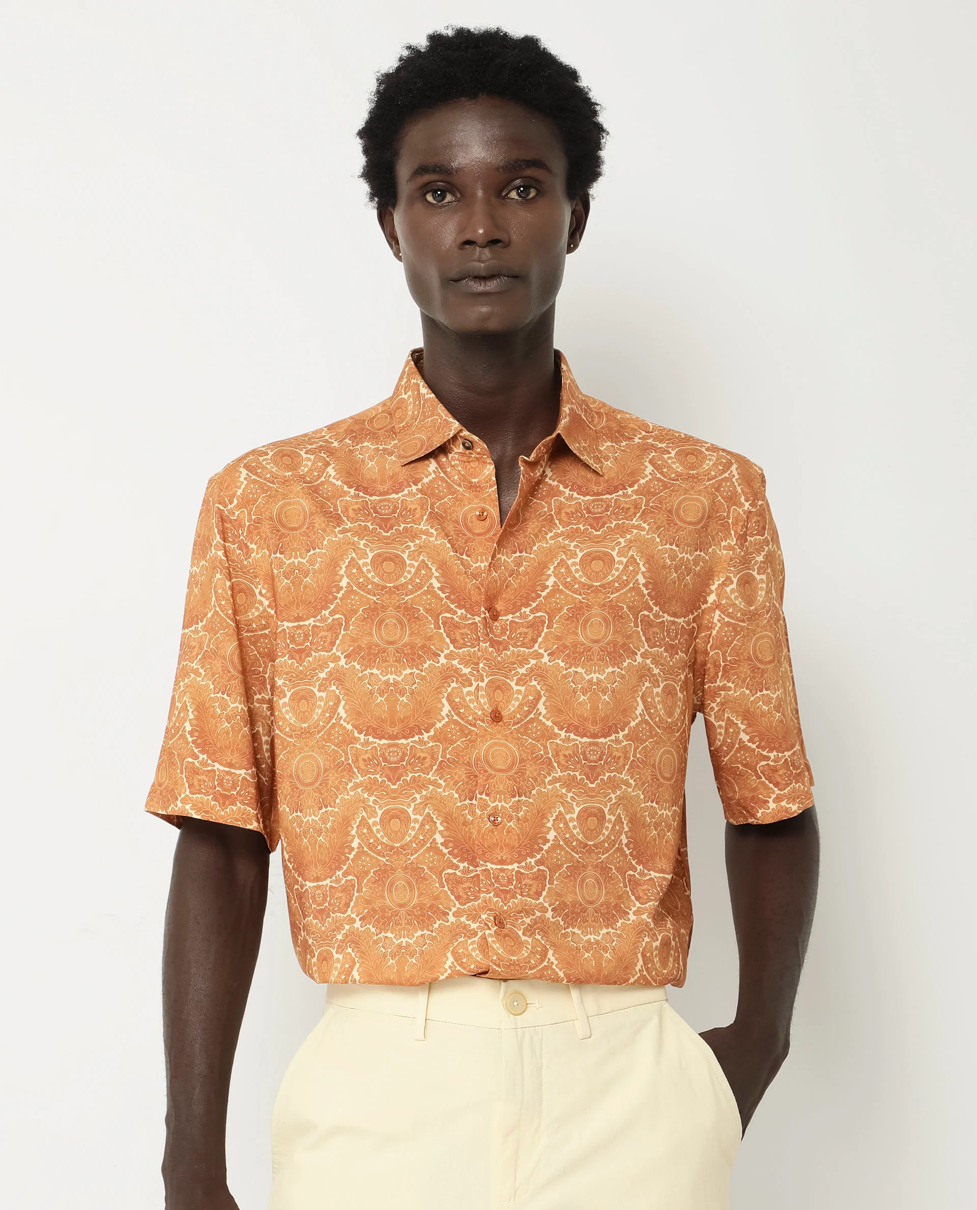 Rare Rabbit Men's Picano Mustard Viscose Floral Print Boxy Fit Half Sleeve Collared Shirt - Image 7