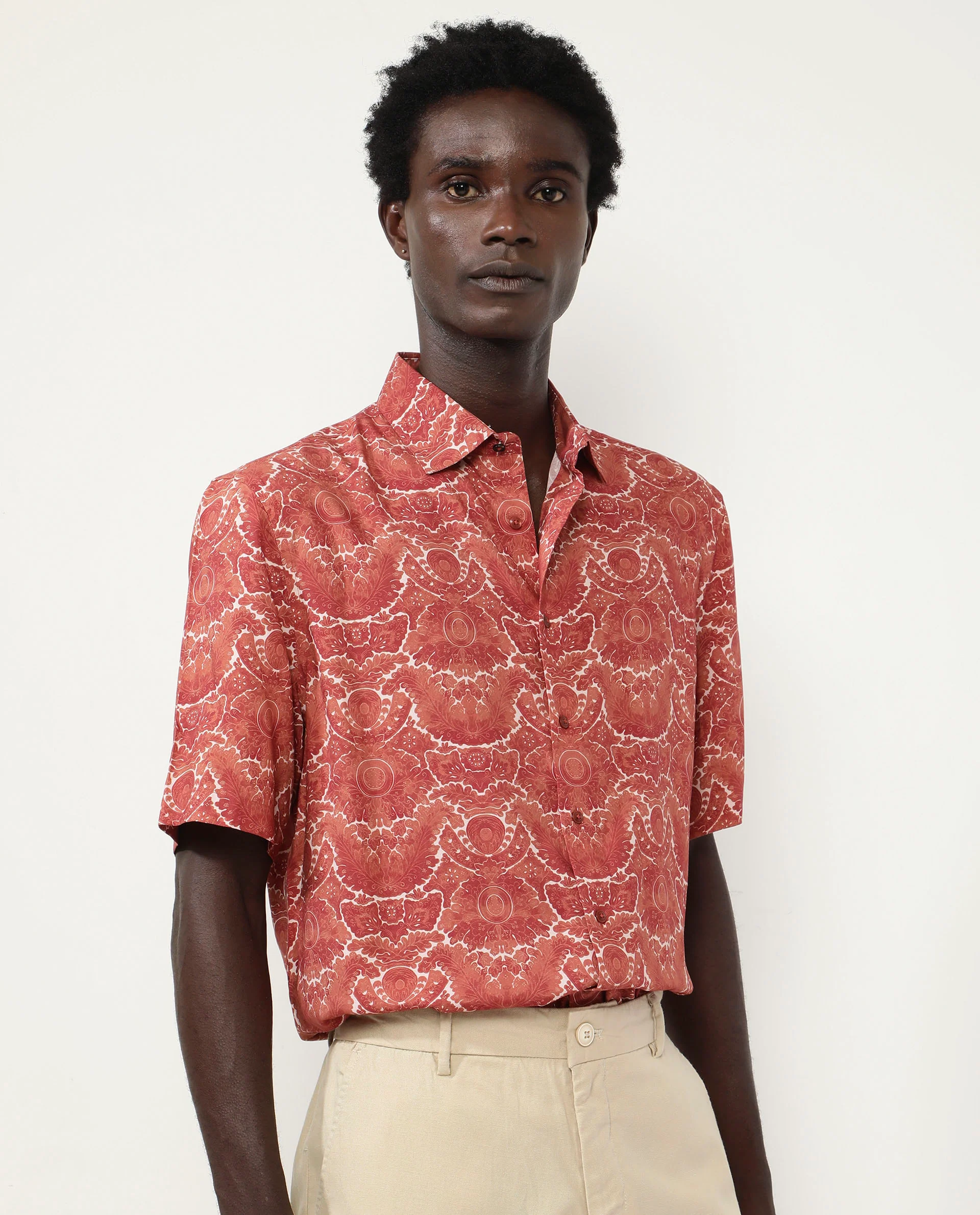 Rare Rabbit Men's Picano Rust Viscose Floral Print Boxy Fit Half Sleeve Spread Collar Shirt - Image 4
