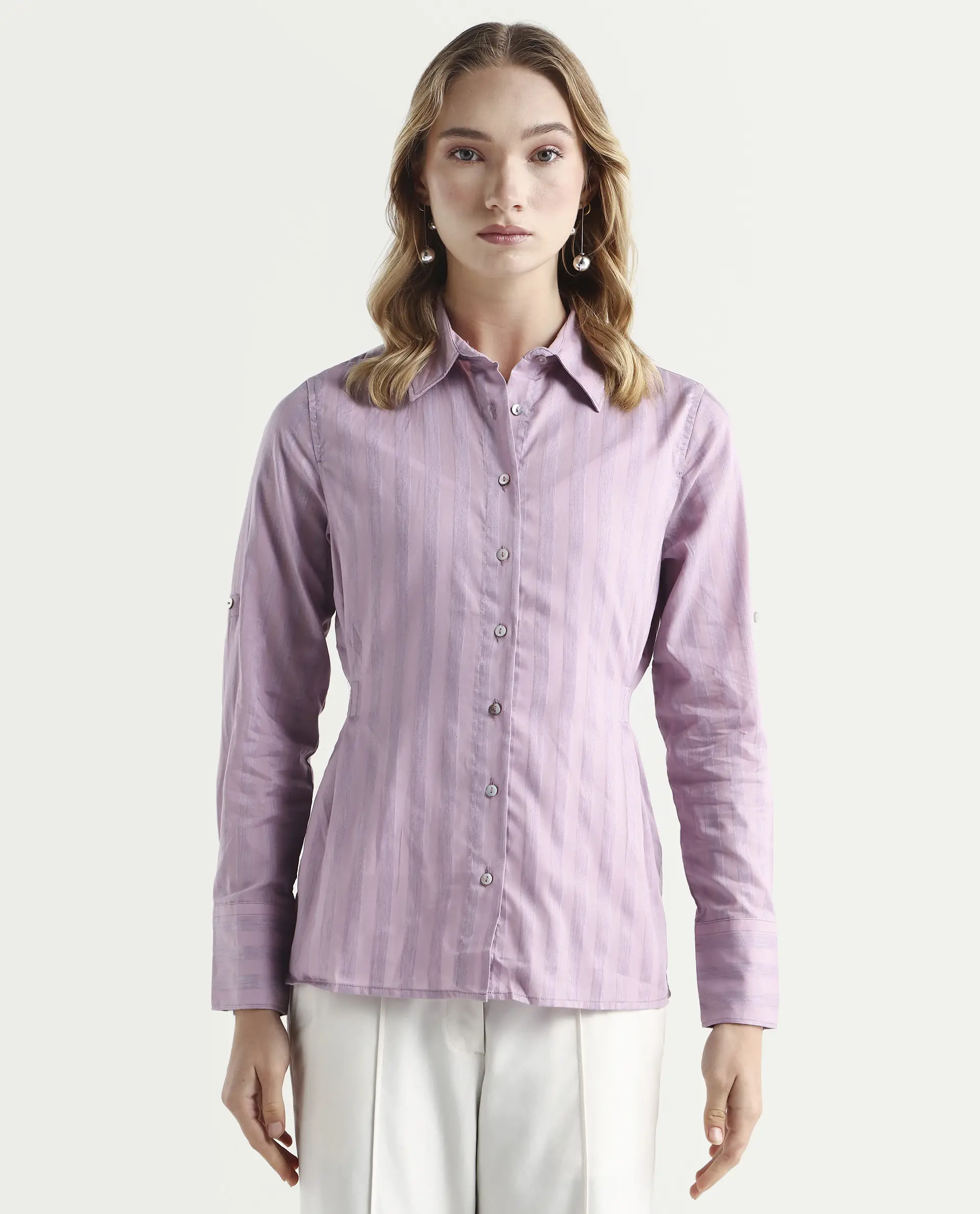 Rareism Women's Pickle Pink Cotton Spread Collar Striped Regular Fit Top - Image 3