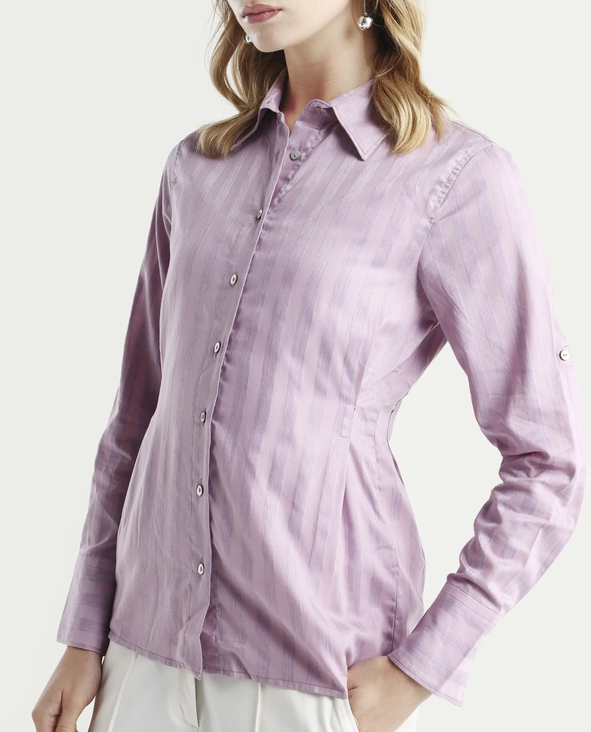 Rareism Women's Pickle Pink Cotton Spread Collar Striped Regular Fit Top - Image 4