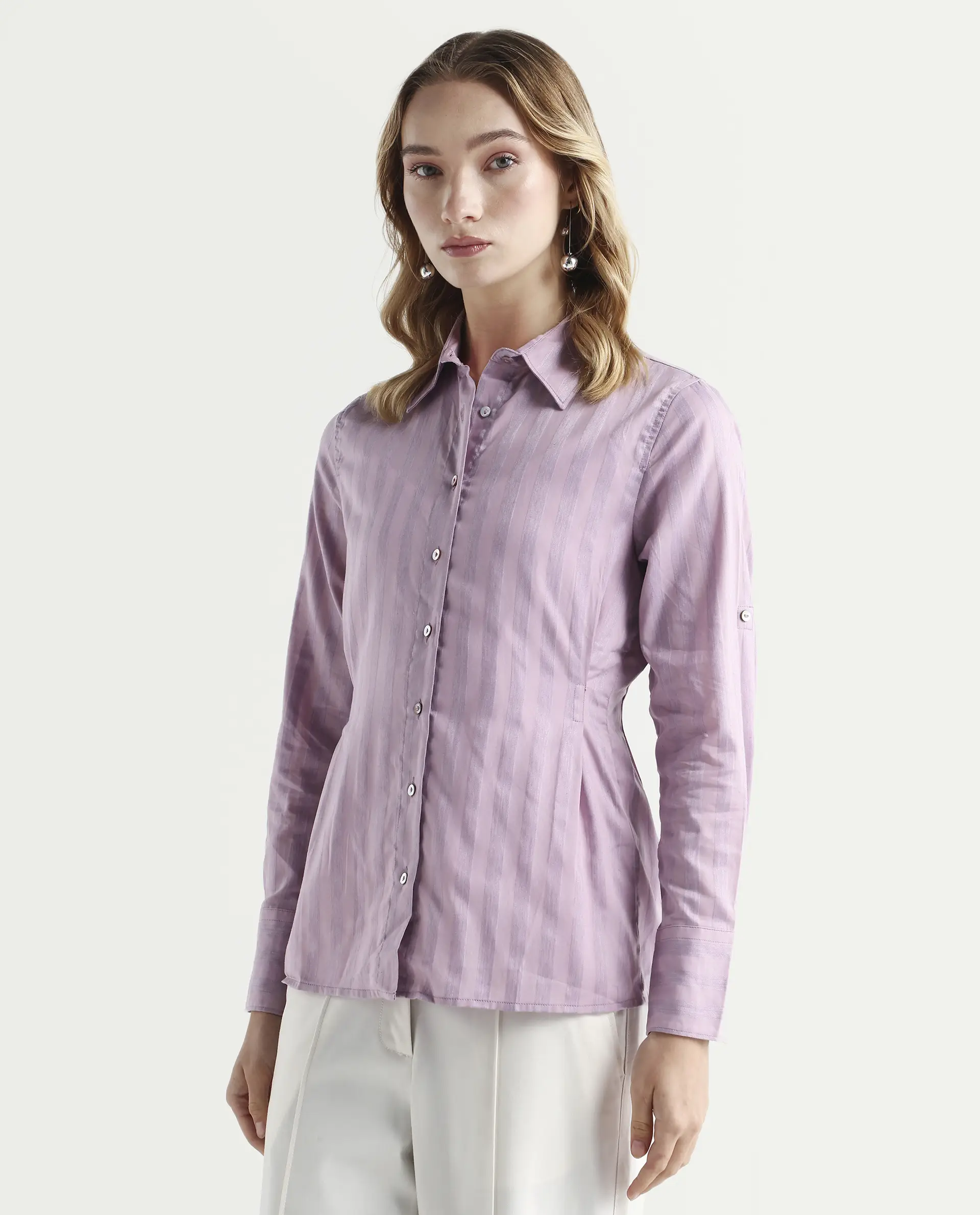Rareism Women's Pickle Pink Cotton Spread Collar Striped Regular Fit Top - Image 5