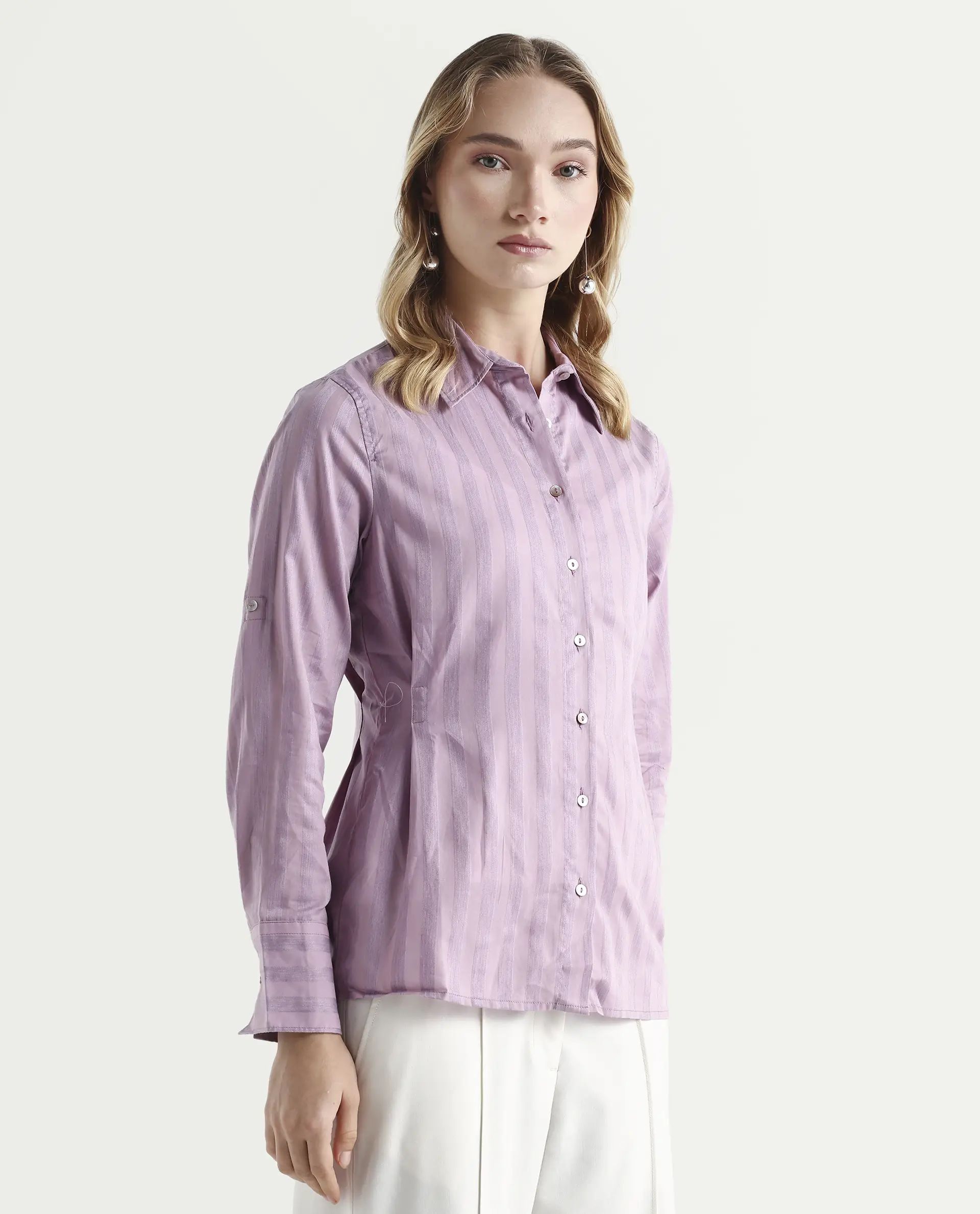 Rareism Women's Pickle Pink Cotton Spread Collar Striped Regular Fit Top - Image 6
