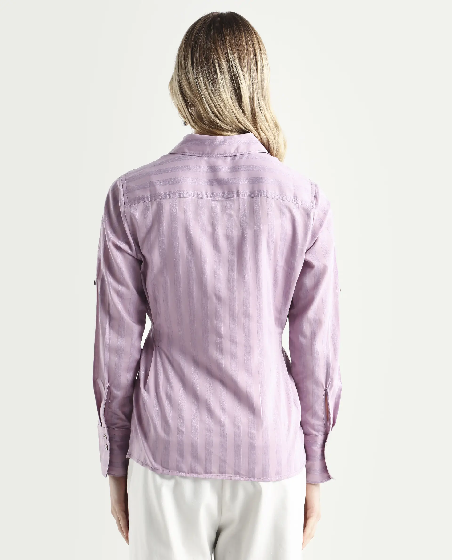 Rareism Women's Pickle Pink Cotton Spread Collar Striped Regular Fit Top - Image 7