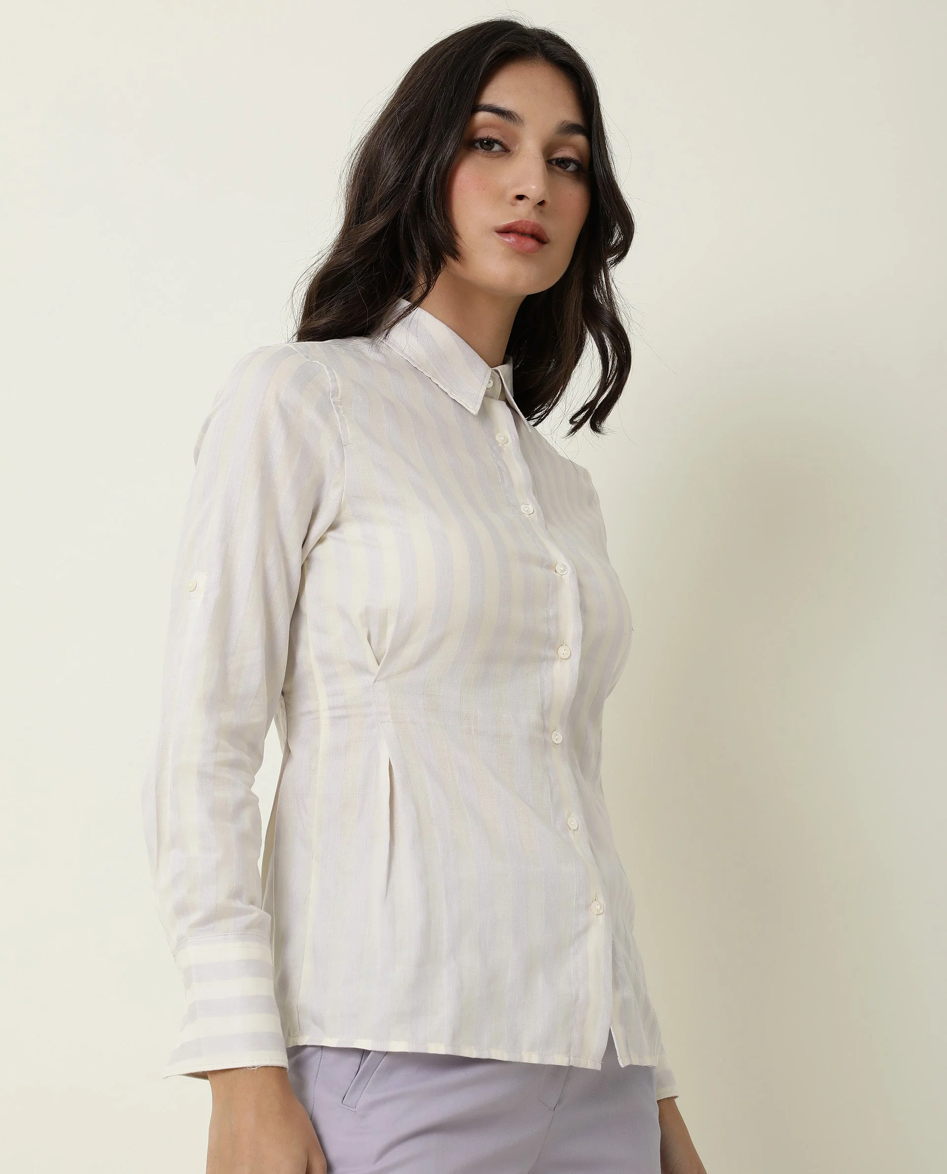 Rareism Women's Pickle Yellow Cotton Spread Collar Striped Regular Fit Top - Image 12