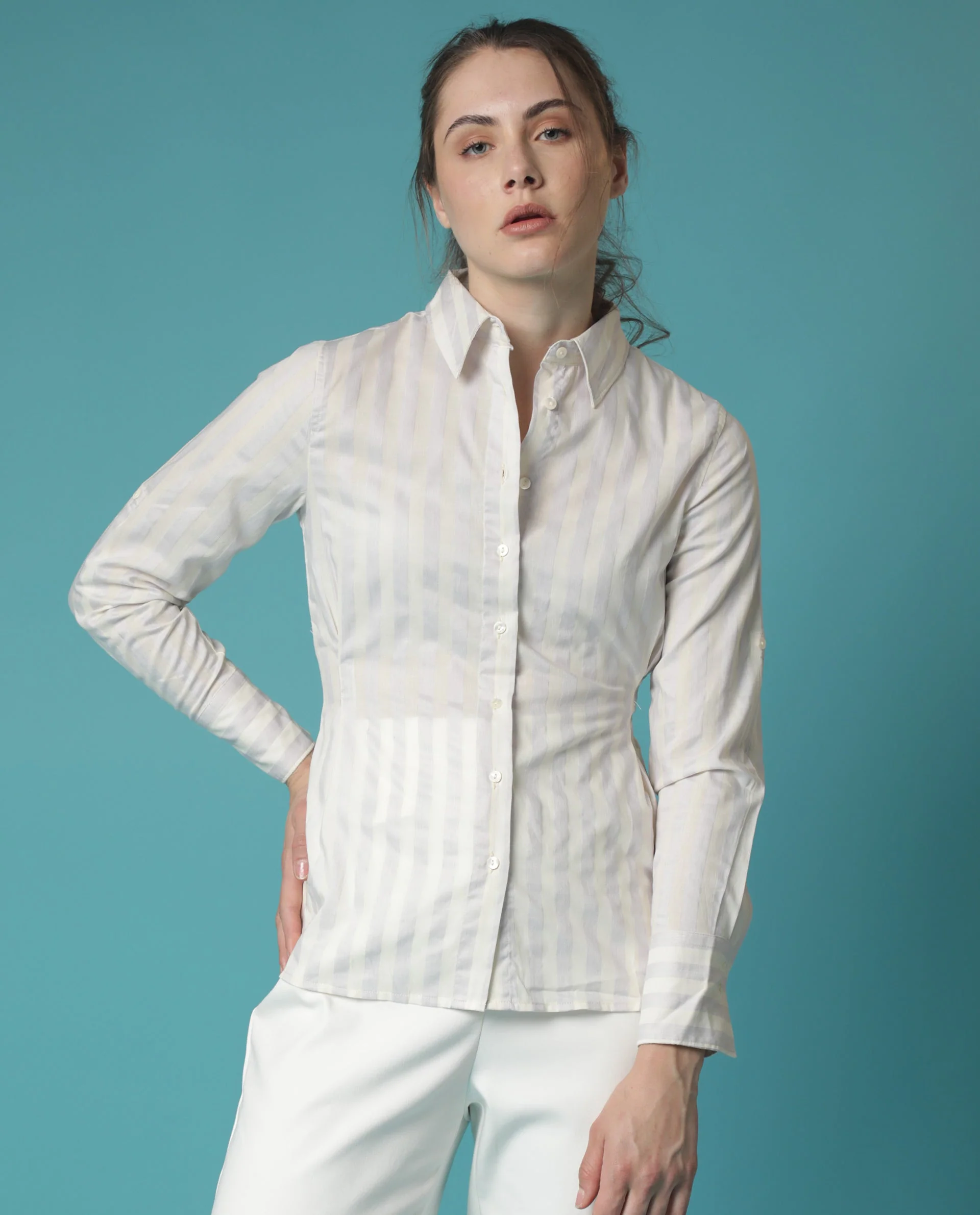 Rareism Women's Pickle Yellow Cotton Spread Collar Striped Regular Fit Top - Image 2