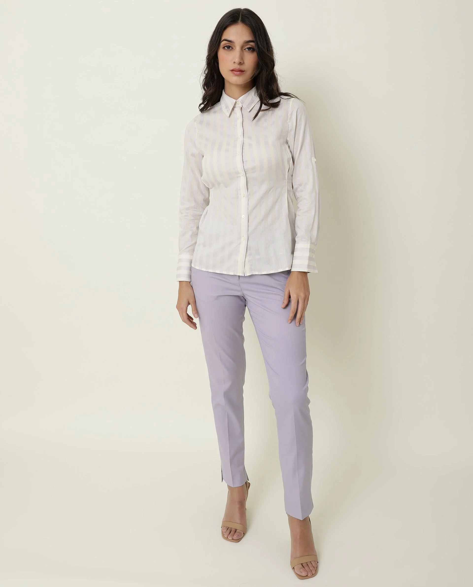 Rareism Women's Pickle Yellow Cotton Spread Collar Striped Regular Fit Top - Image 5