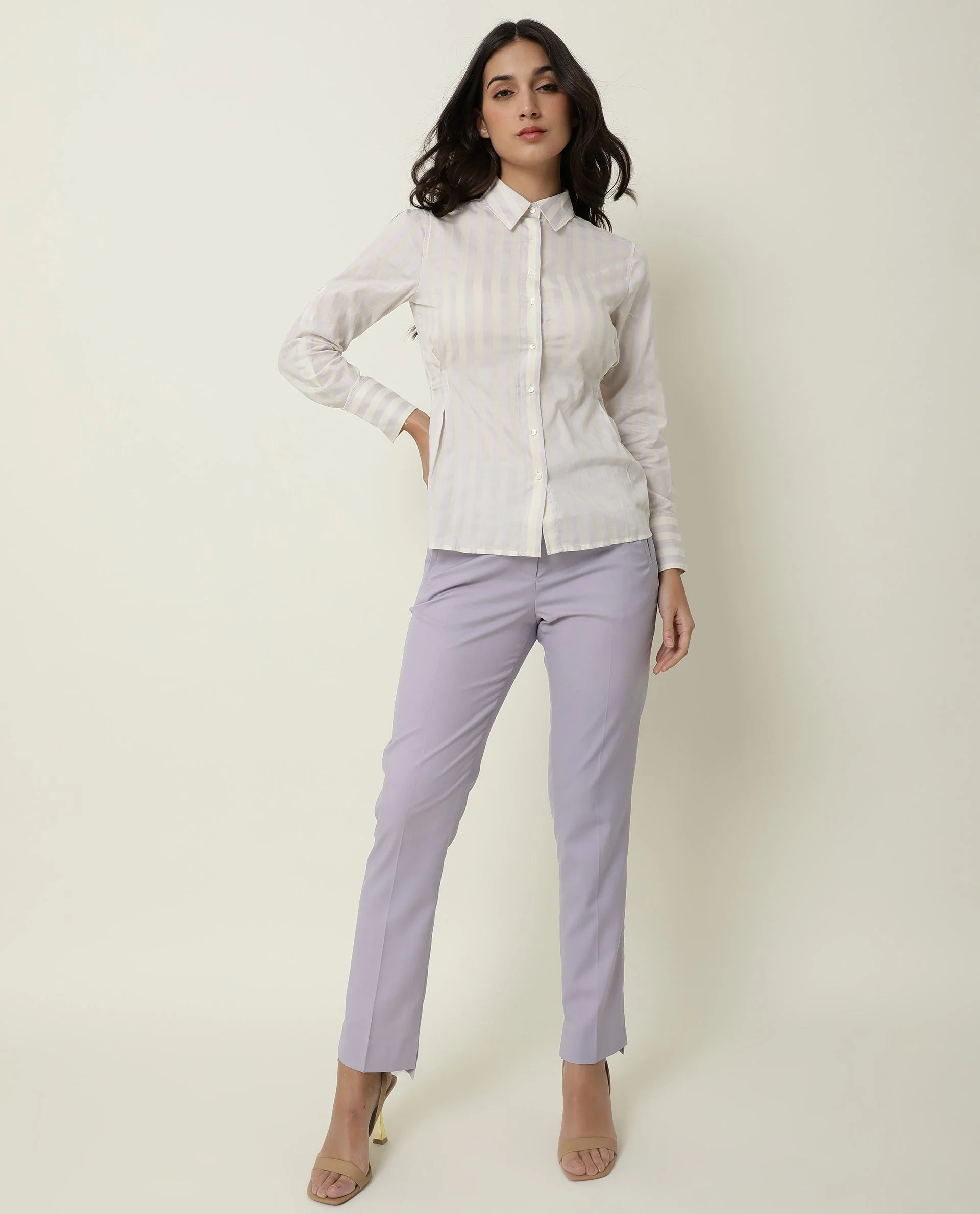 Rareism Women's Pickle Yellow Cotton Spread Collar Striped Regular Fit Top - Image 6