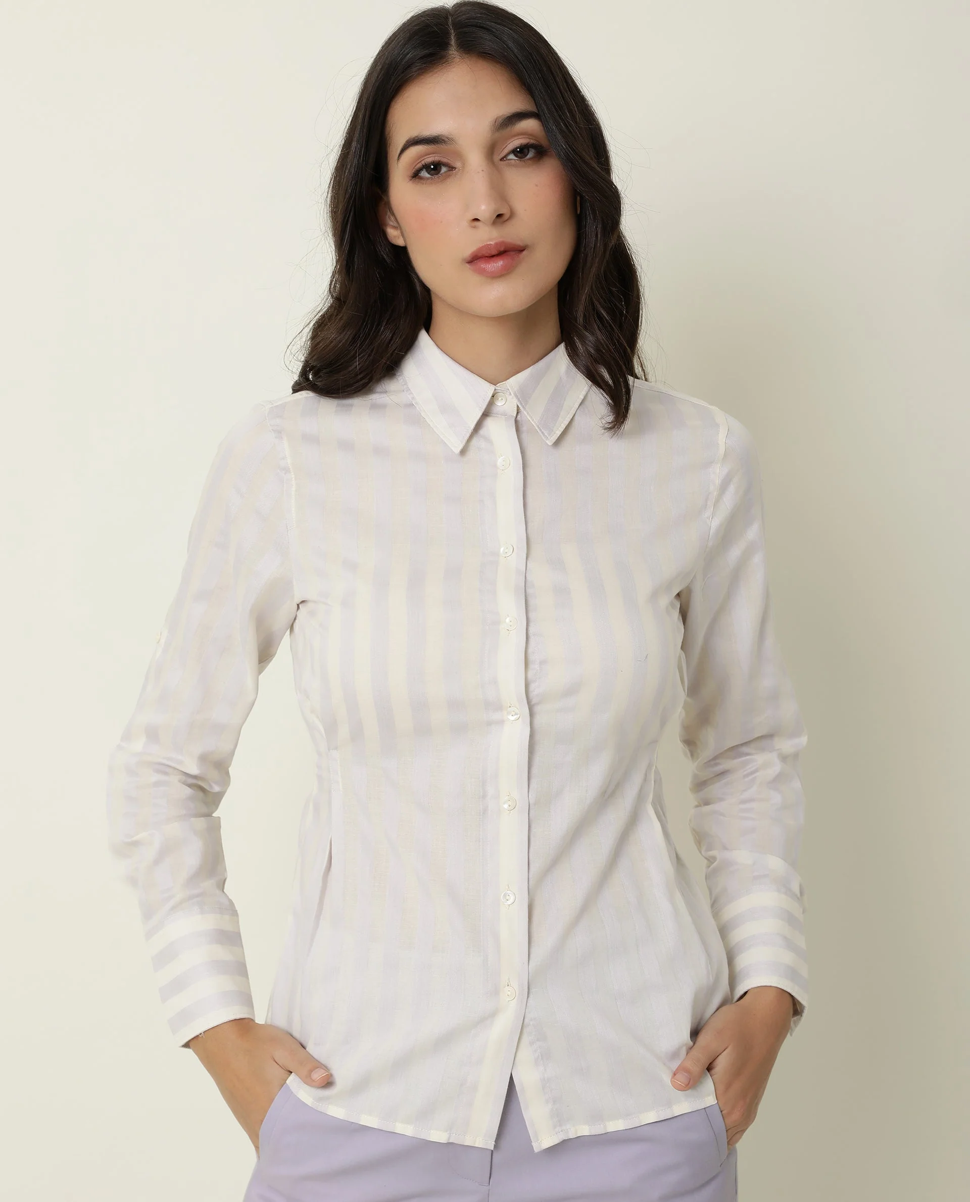 Rareism Women's Pickle Yellow Cotton Spread Collar Striped Regular Fit Top - Image 8
